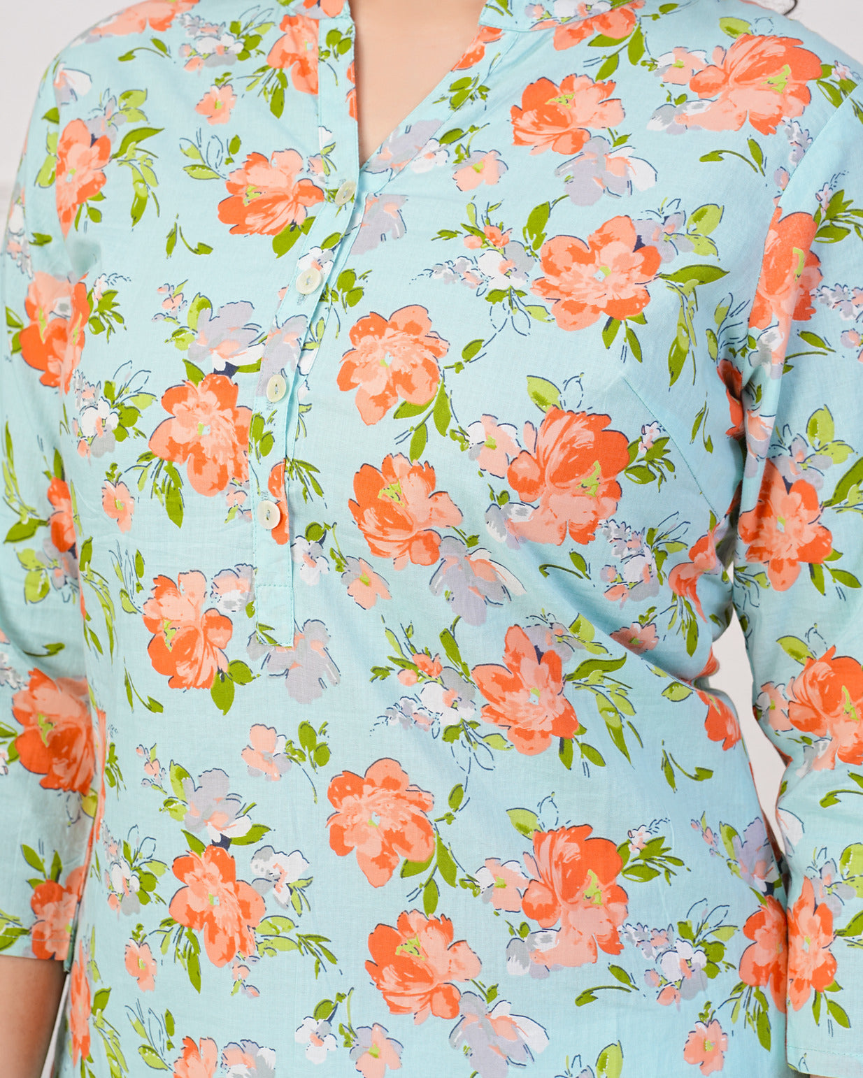 Pastel Green With Orange Floral Short Cotton Kurti