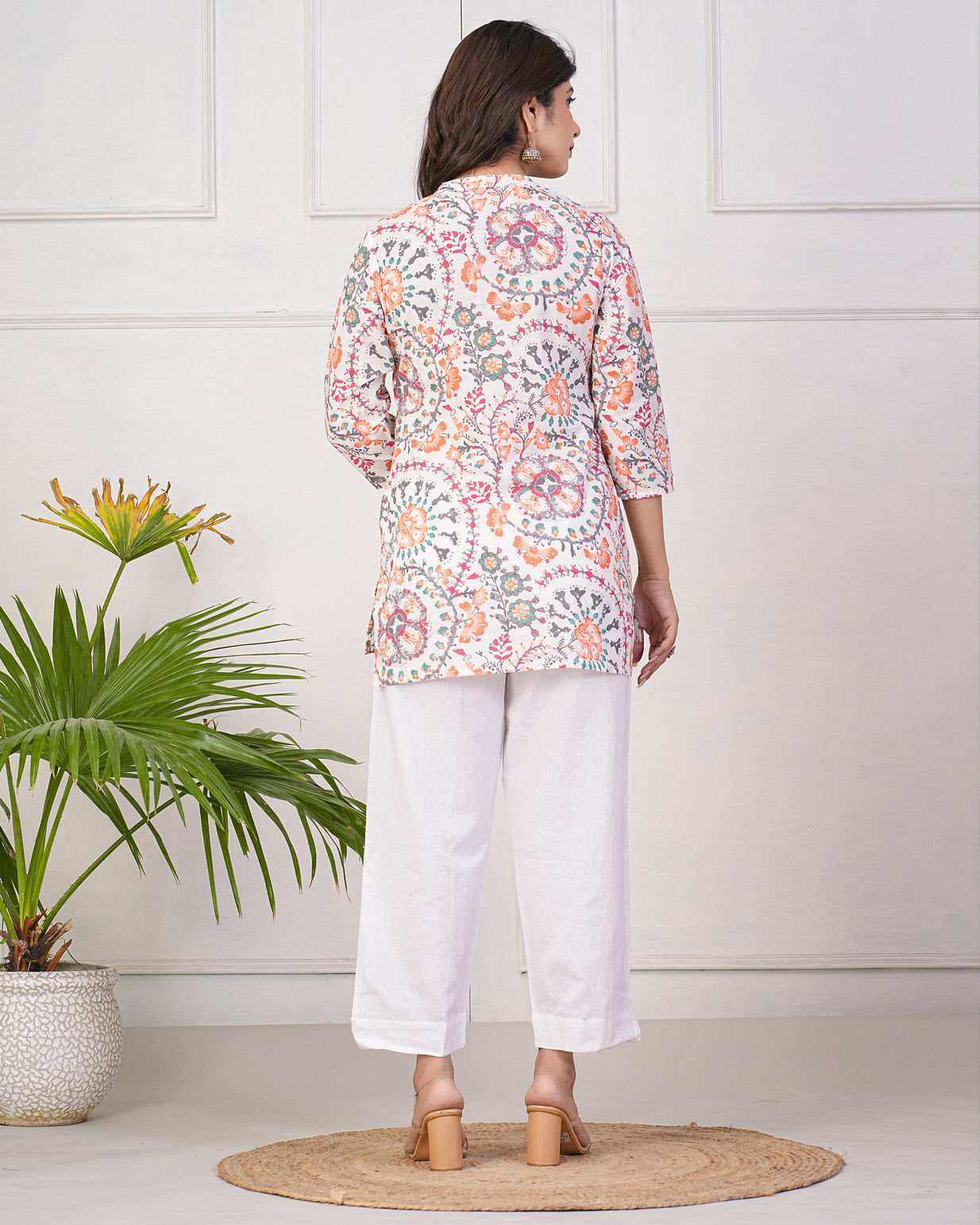 White With Orange Floral Short Cotton Kurti