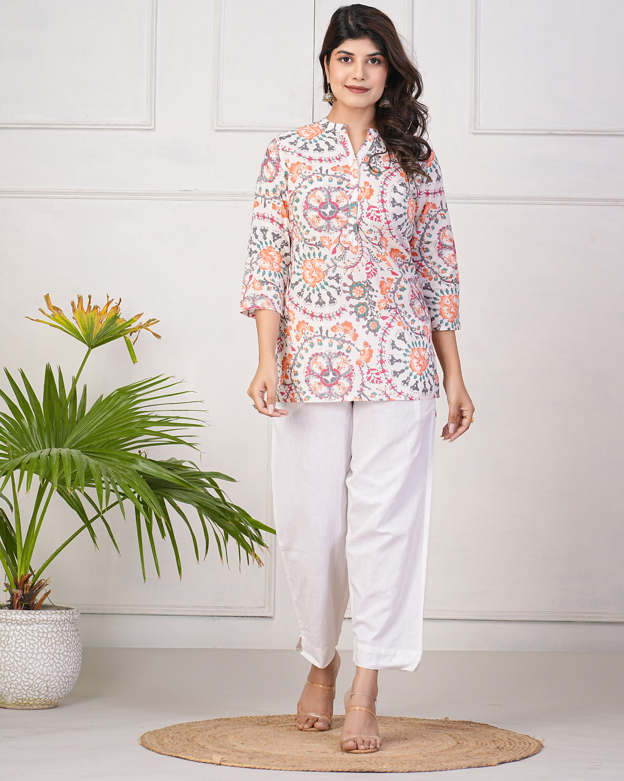 White With Orange Floral Short Cotton Kurti