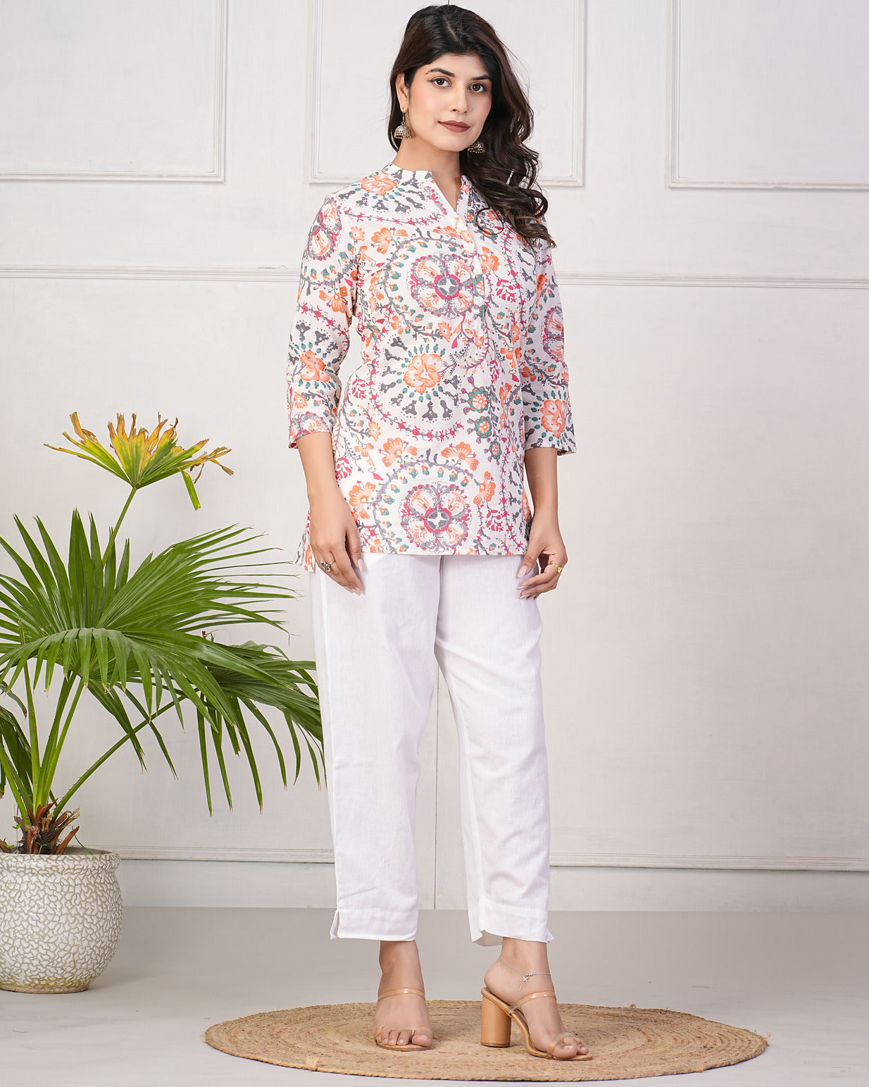 White With Orange Floral Short Cotton Kurti