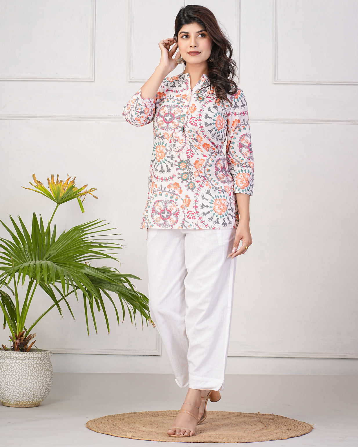White With Orange Floral Short Cotton Kurti