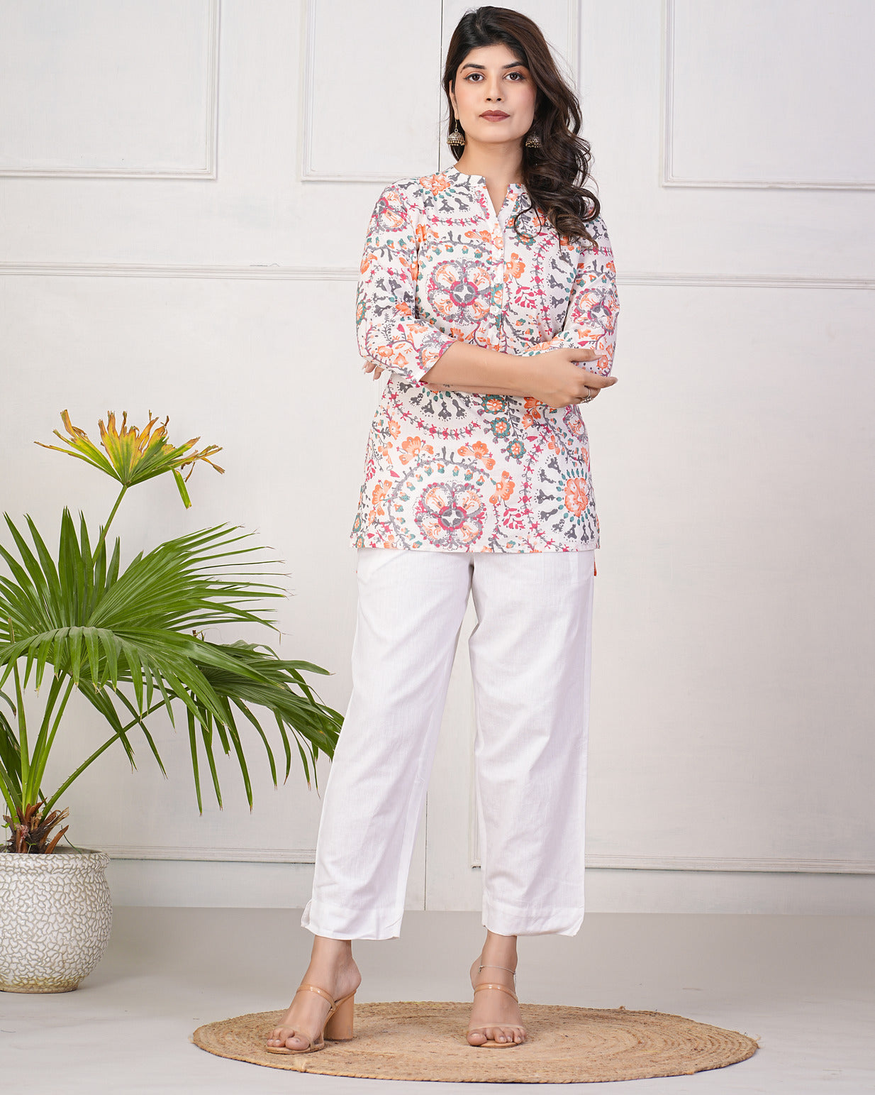 White With Orange Floral Short Cotton Kurti