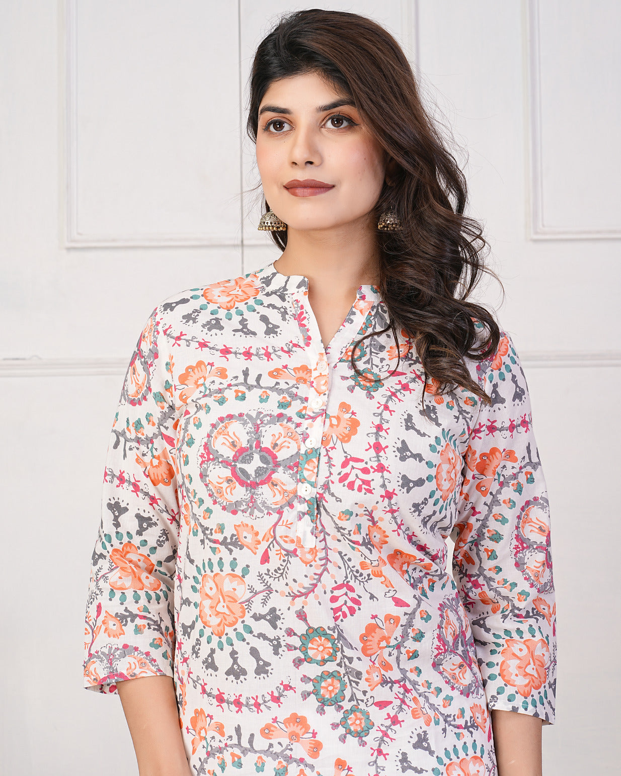 White With Orange Floral Short Cotton Kurti