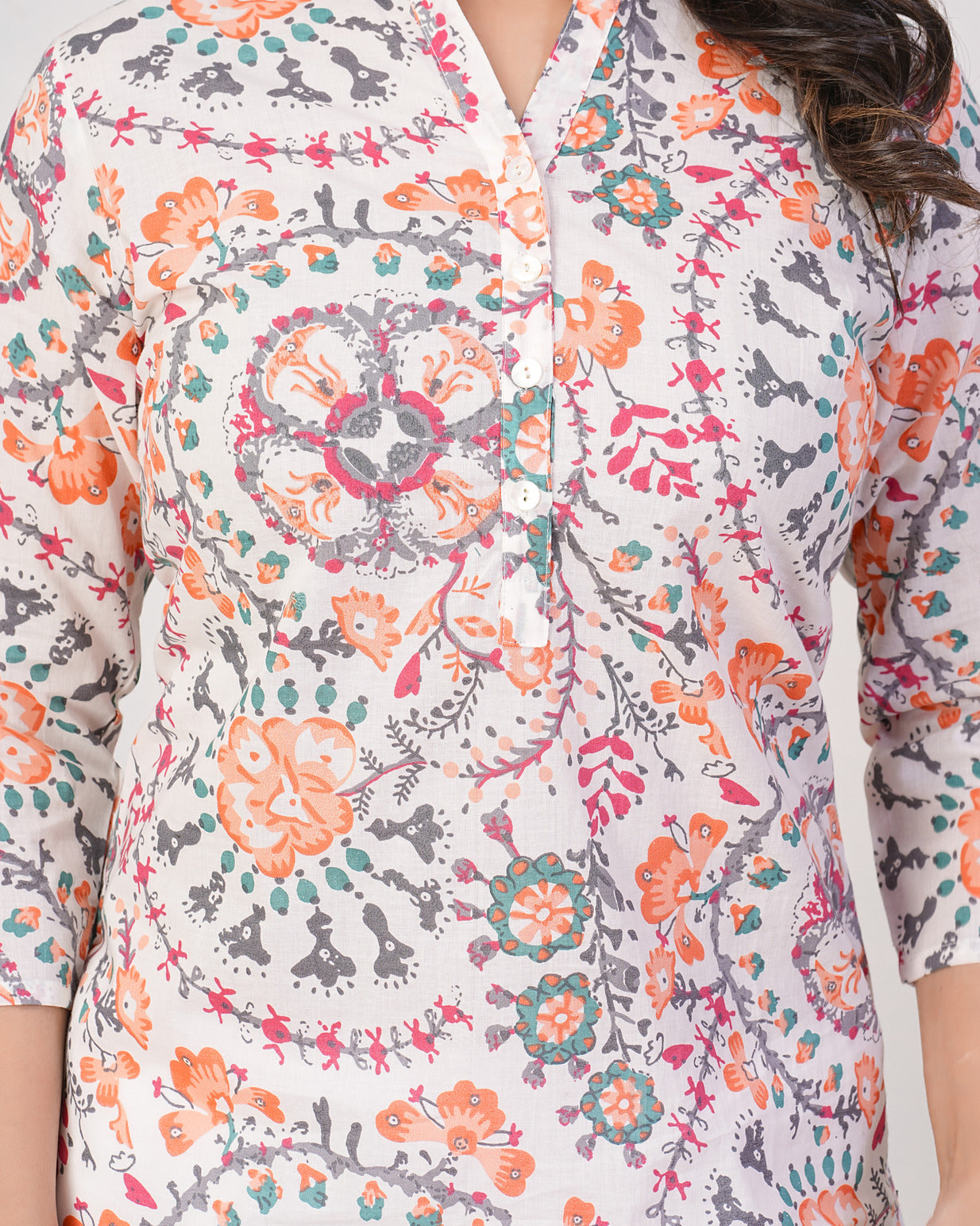 White With Orange Floral Short Cotton Kurti