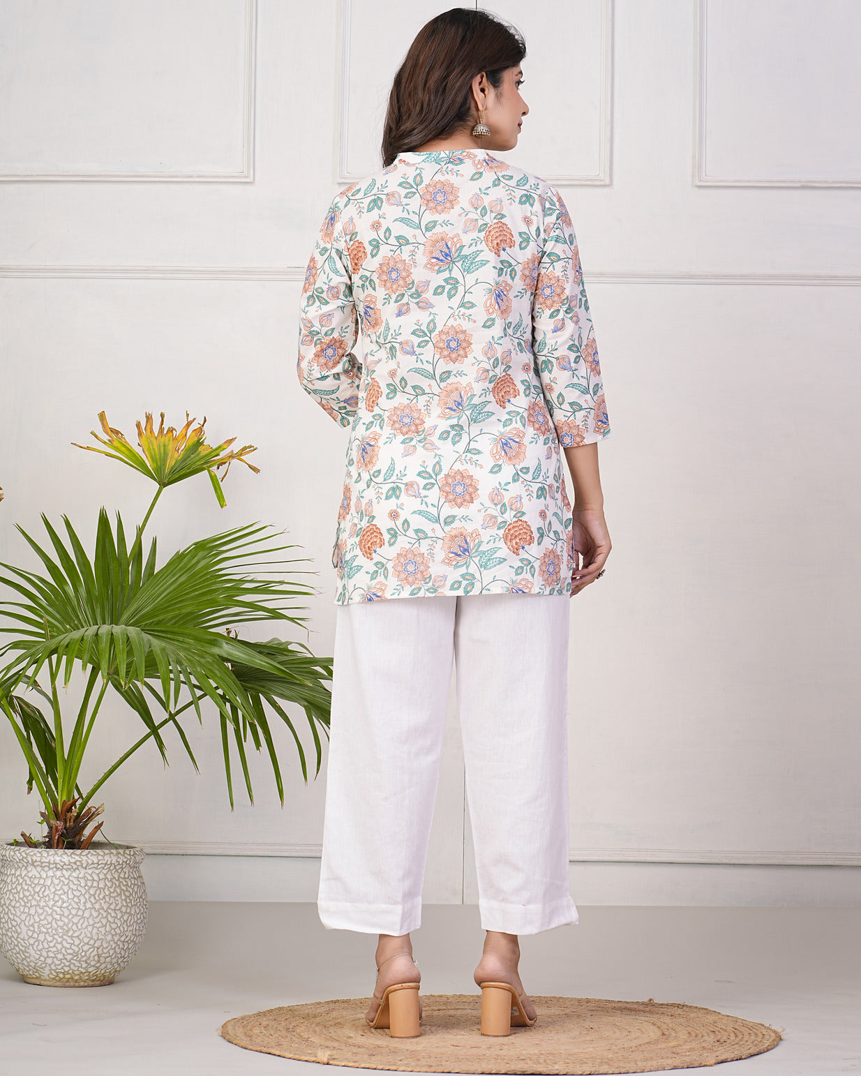 White With Green Floral Short Cotton Kurti