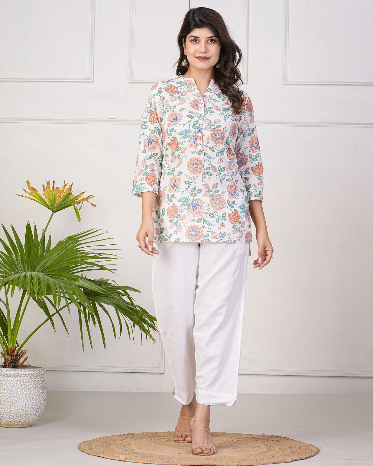 White With Green Floral Short Cotton Kurti