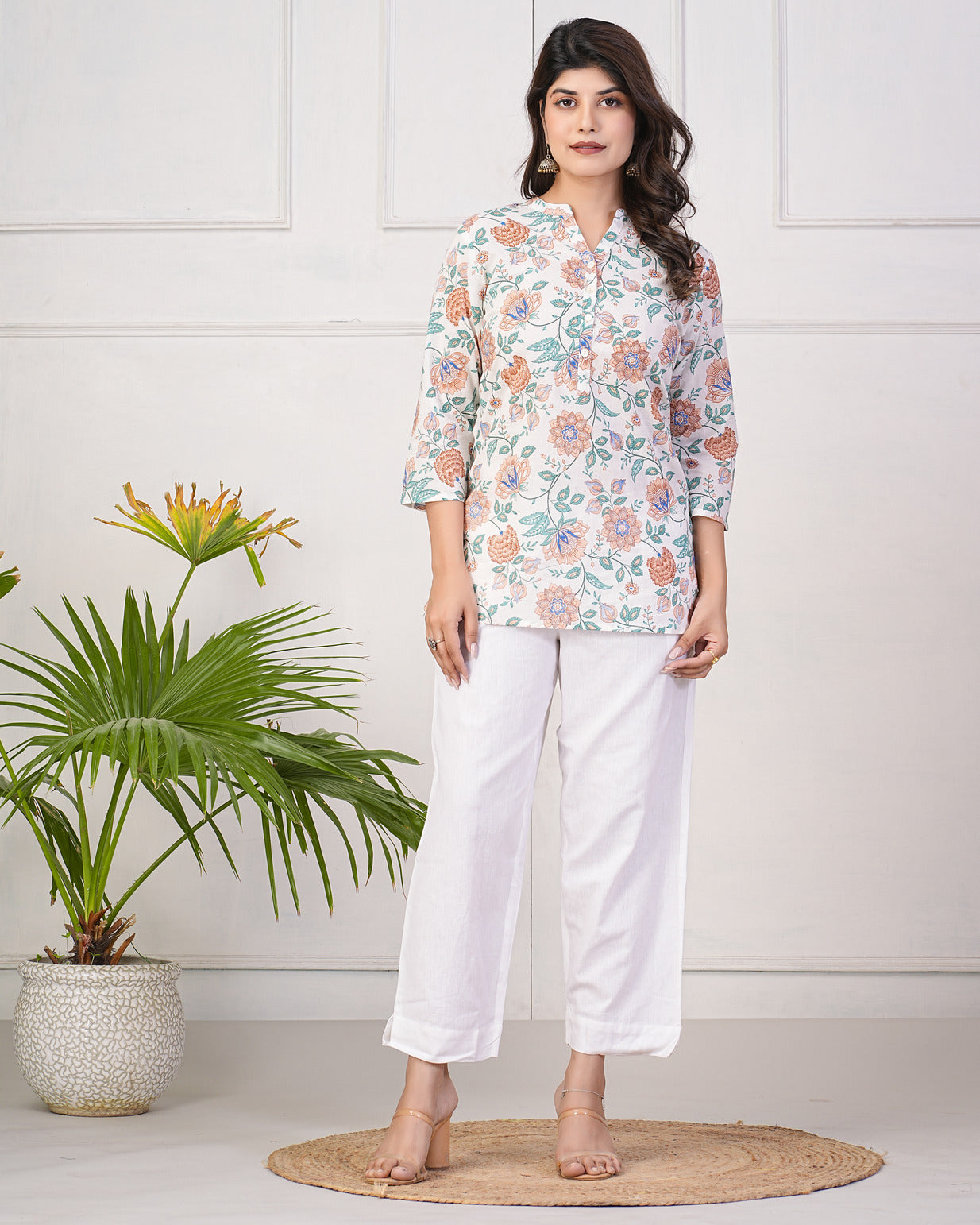 White With Green Floral Short Cotton Kurti