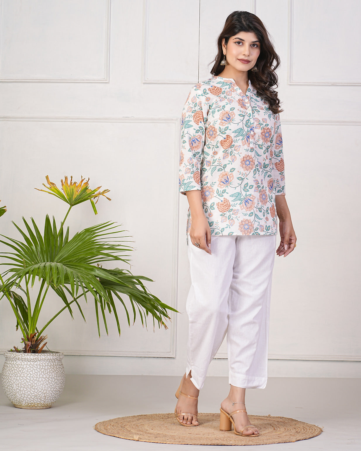 White With Green Floral Short Cotton Kurti