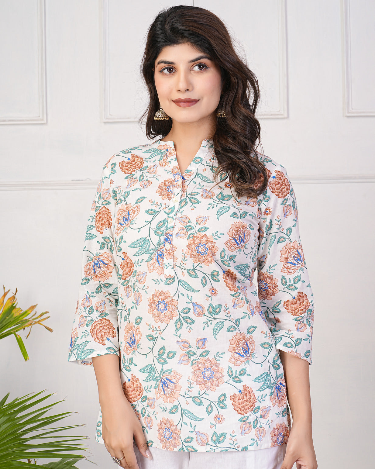 White With Green Floral Short Cotton Kurti