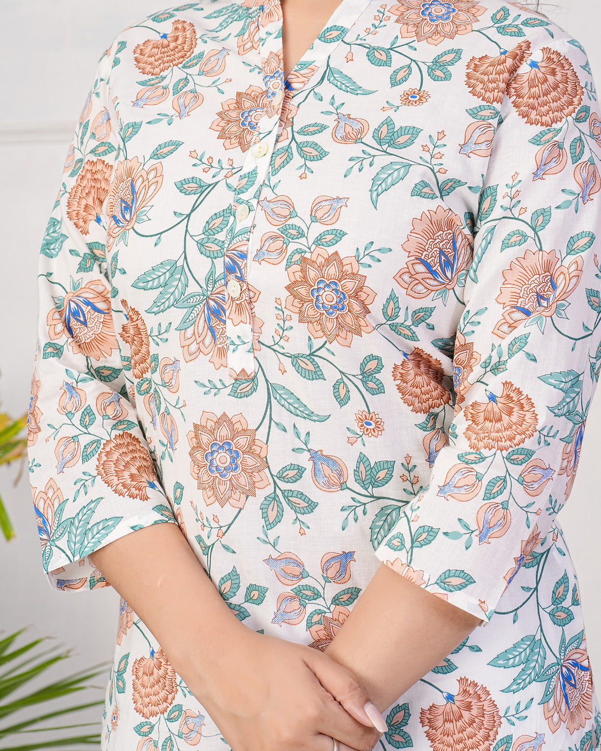 White With Green Floral Short Cotton Kurti