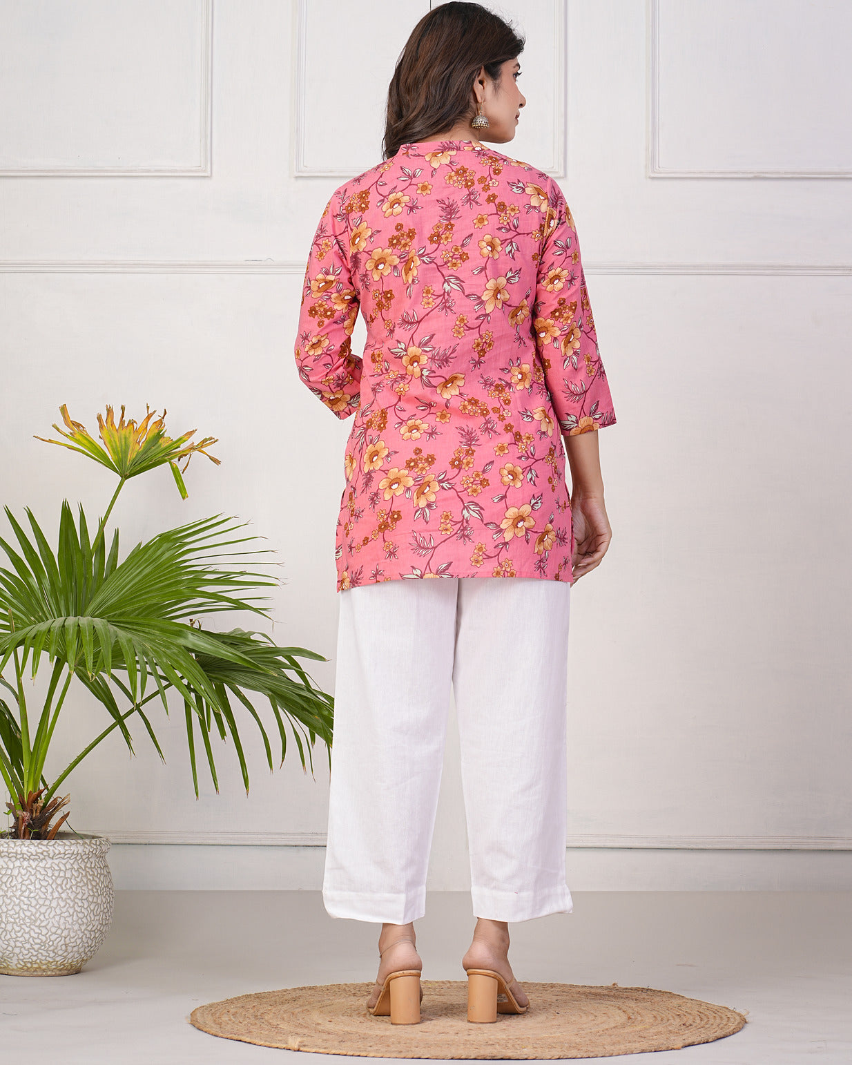 Pink With Beige Floral Short Cotton Kurti