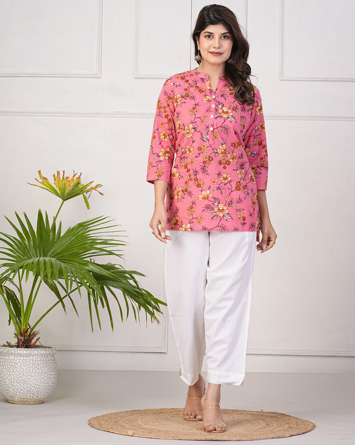 Pink With Beige Floral Short Cotton Kurti