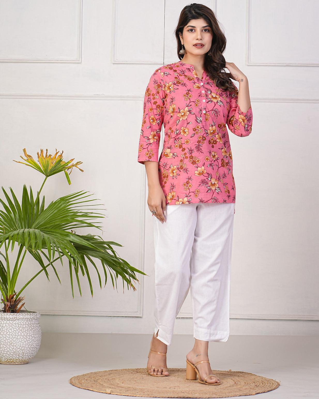 Pink With Beige Floral Short Cotton Kurti