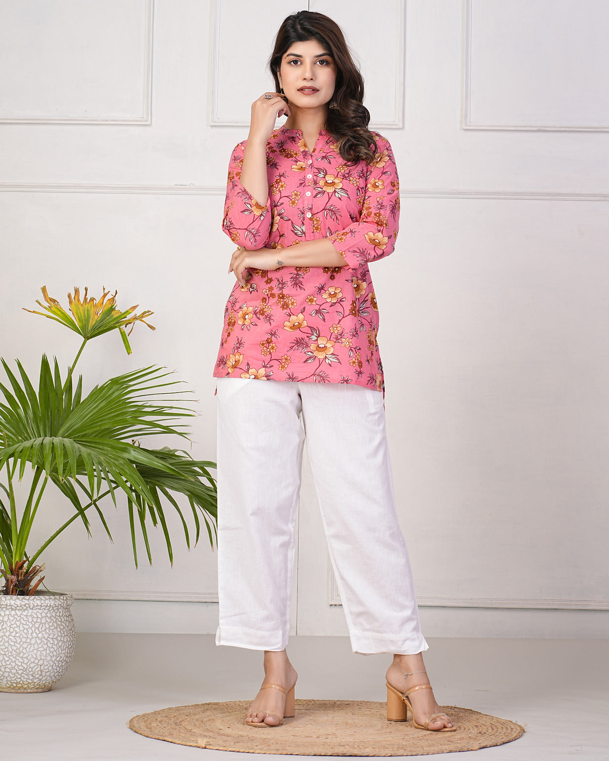 Pink With Beige Floral Short Cotton Kurti