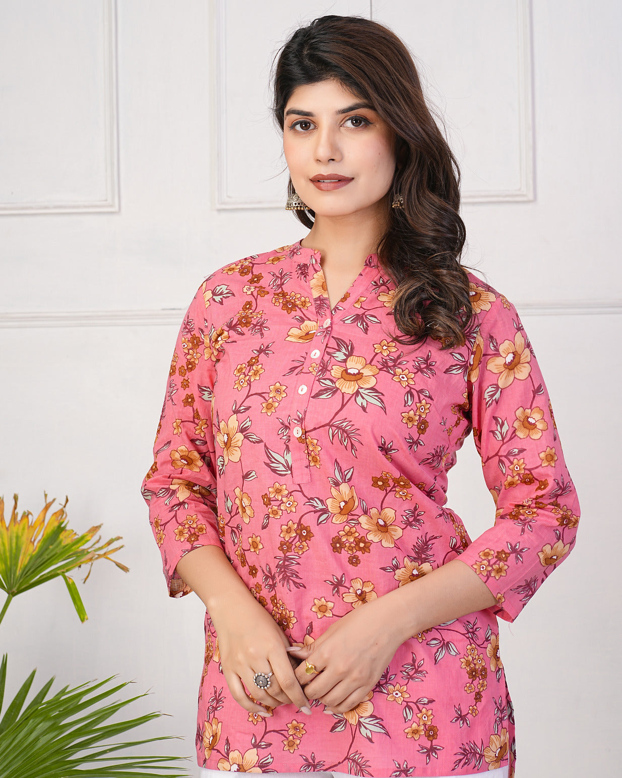 Pink With Beige Floral Short Cotton Kurti