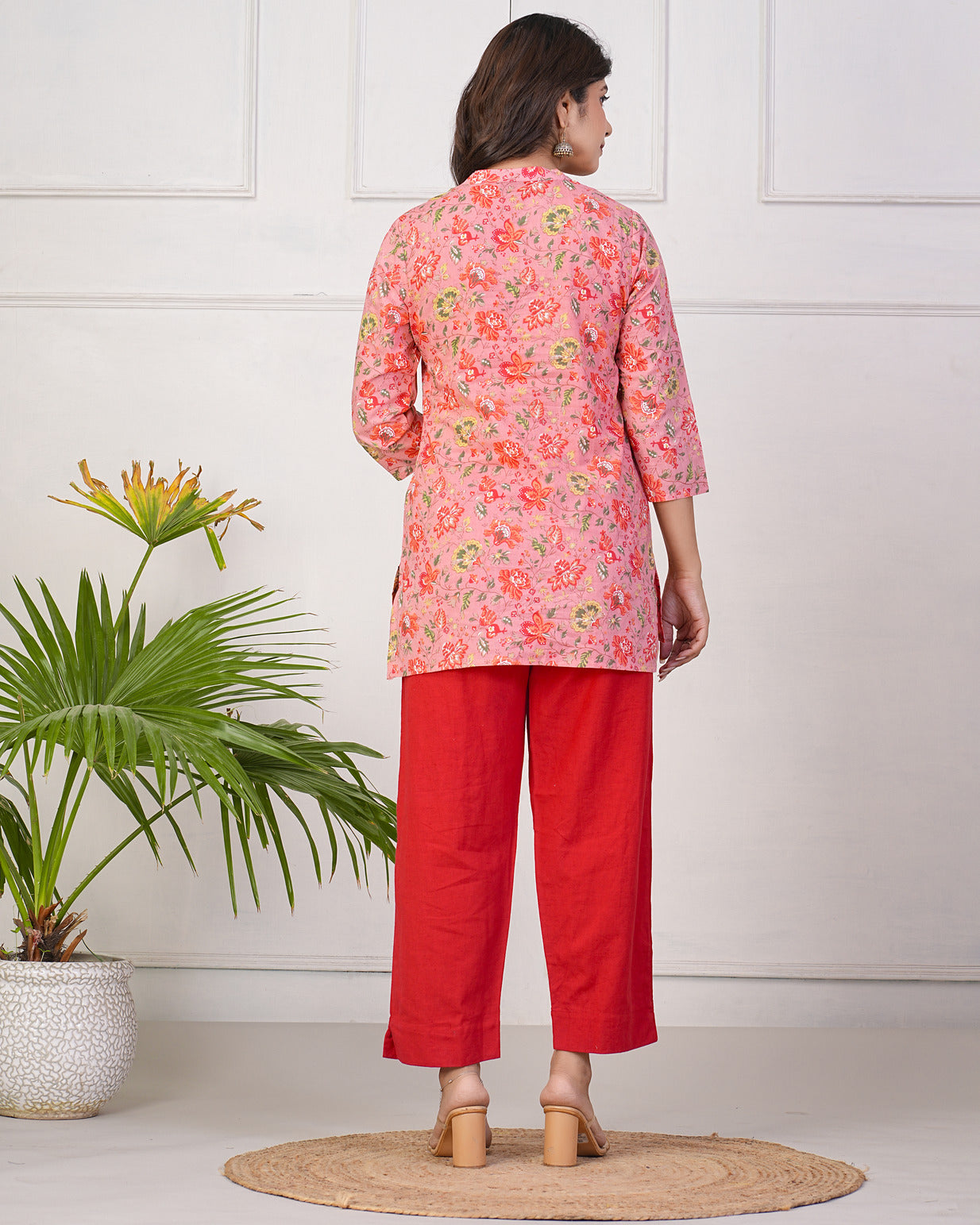 Peach With Red Floral Short Cotton Kurti