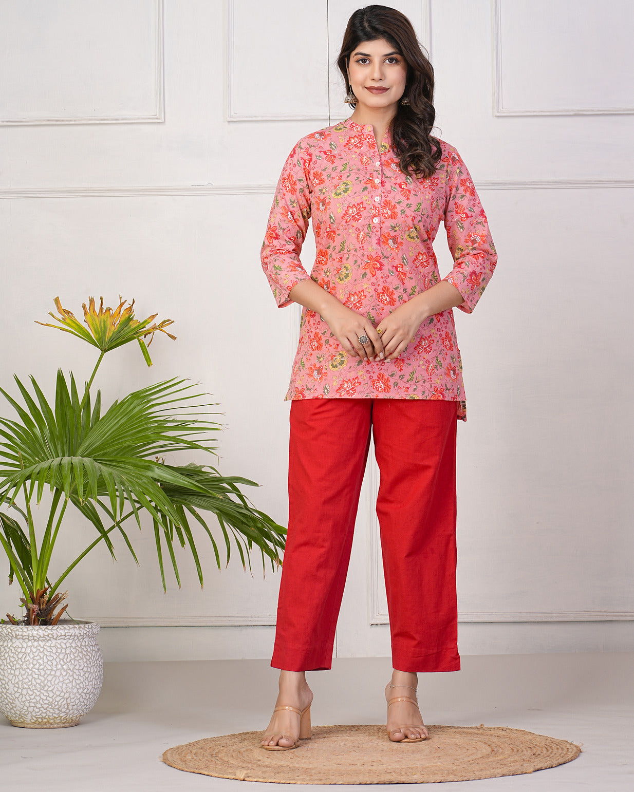 Peach With Red Floral Short Cotton Kurti
