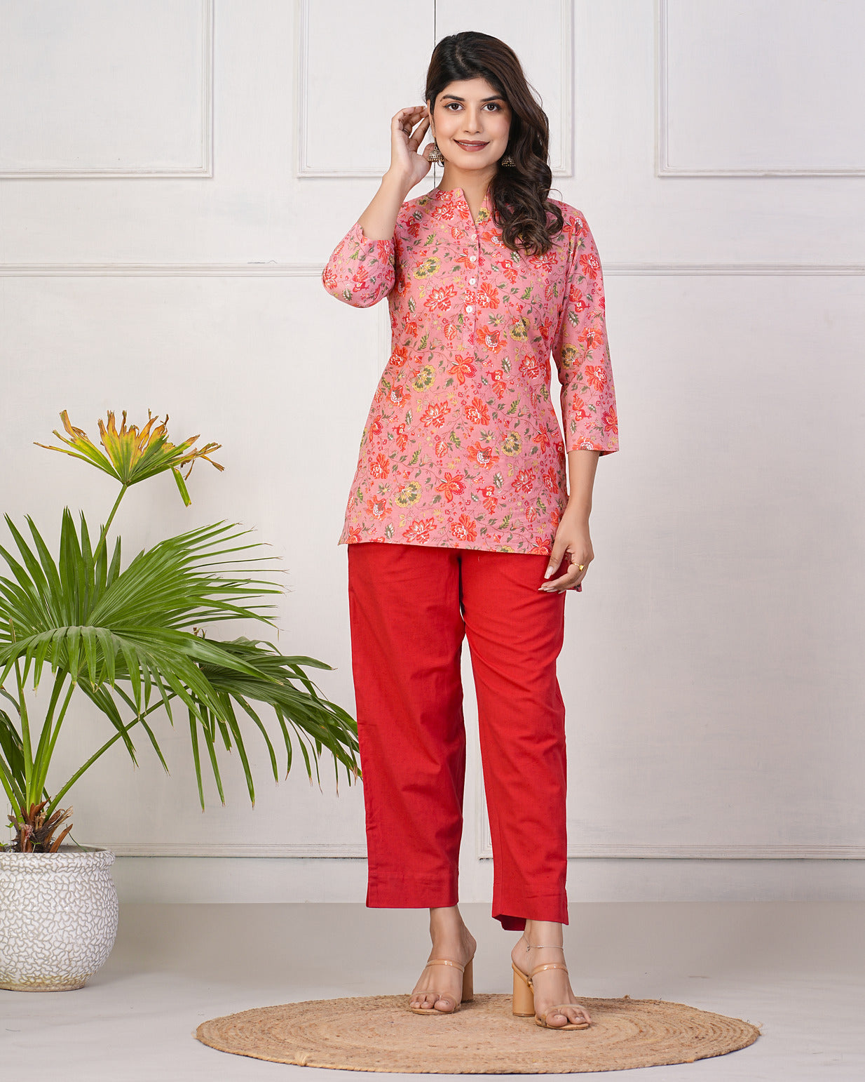 Peach With Red Floral Short Cotton Kurti