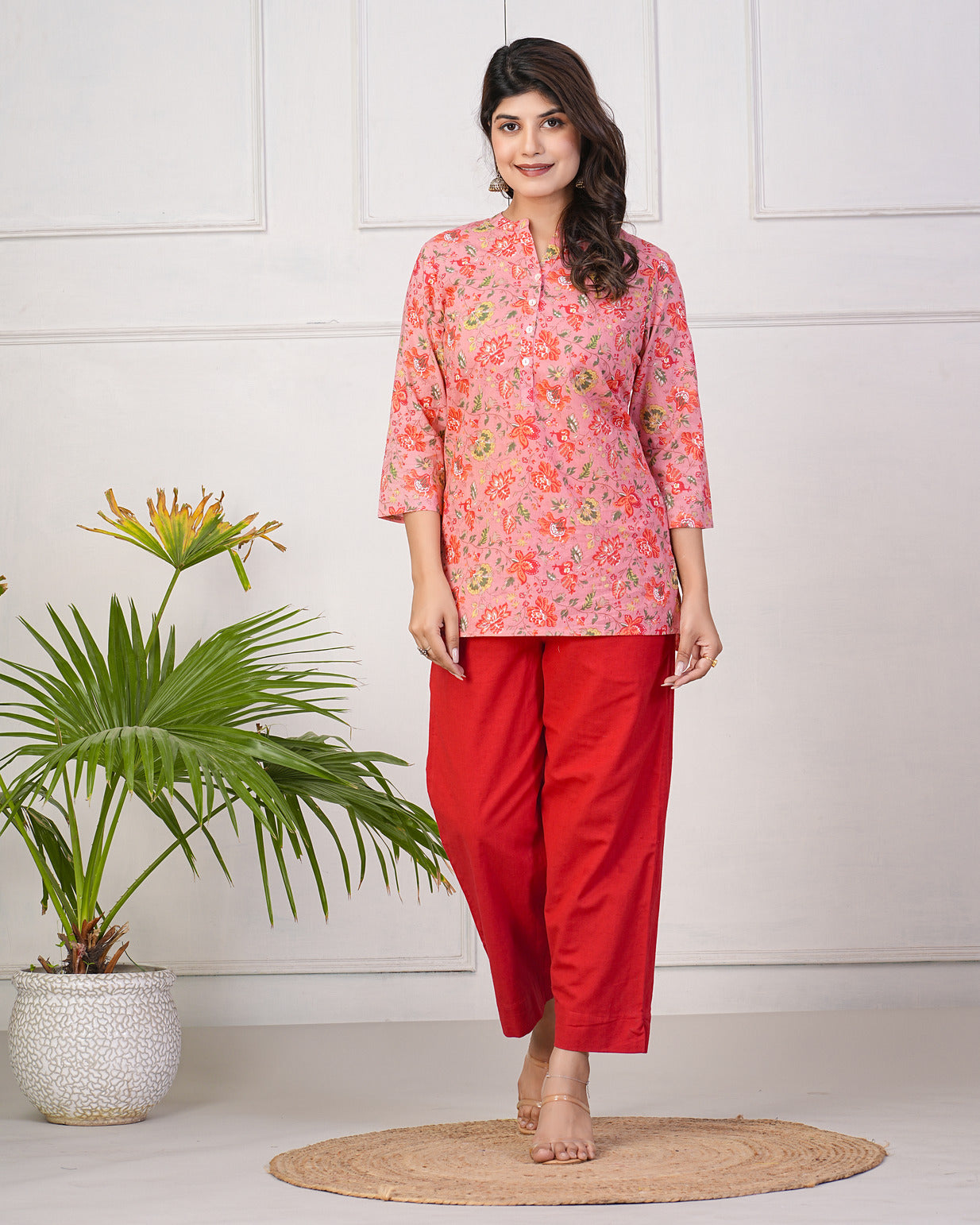 Peach With Red Floral Short Cotton Kurti