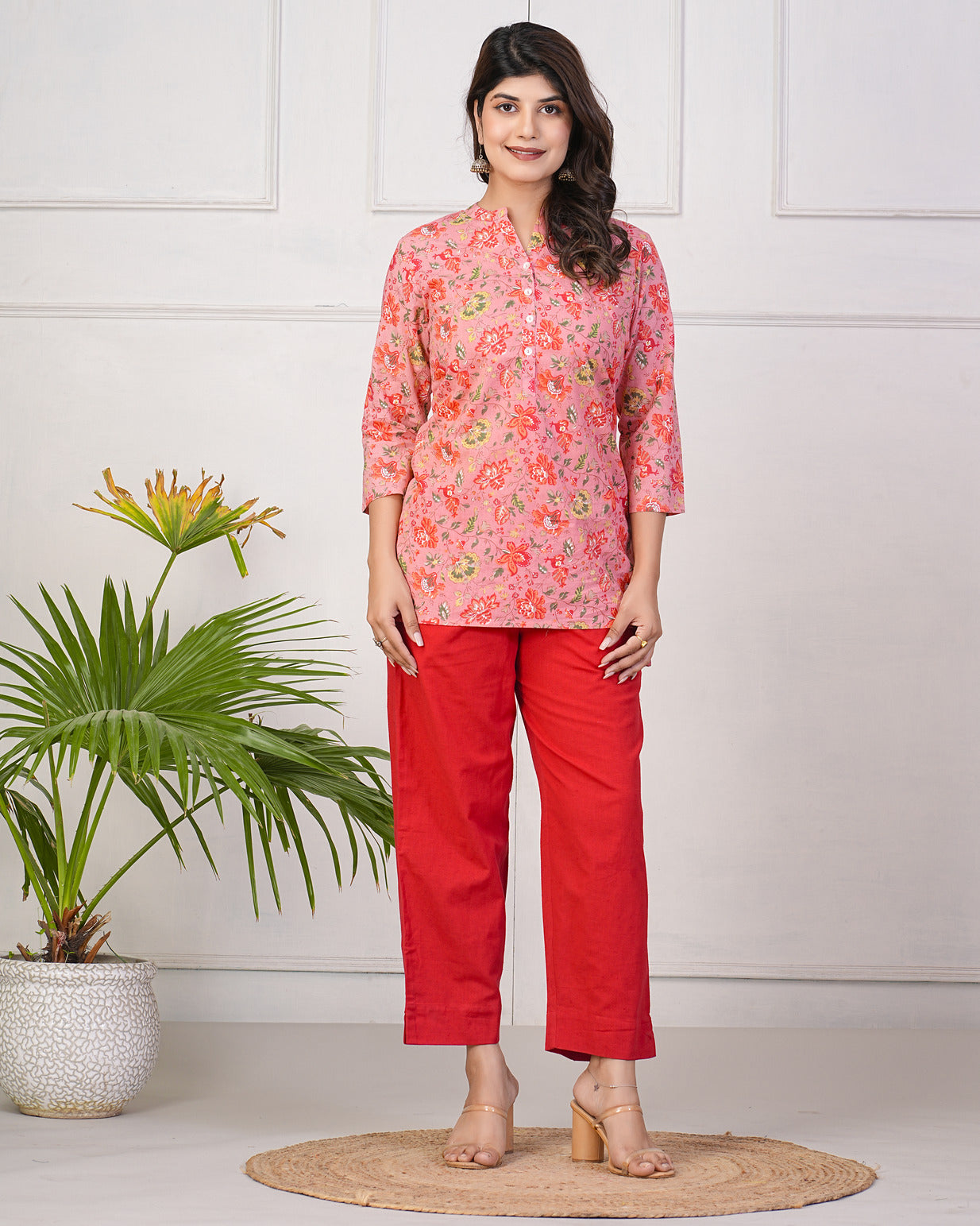 Peach With Red Floral Short Cotton Kurti