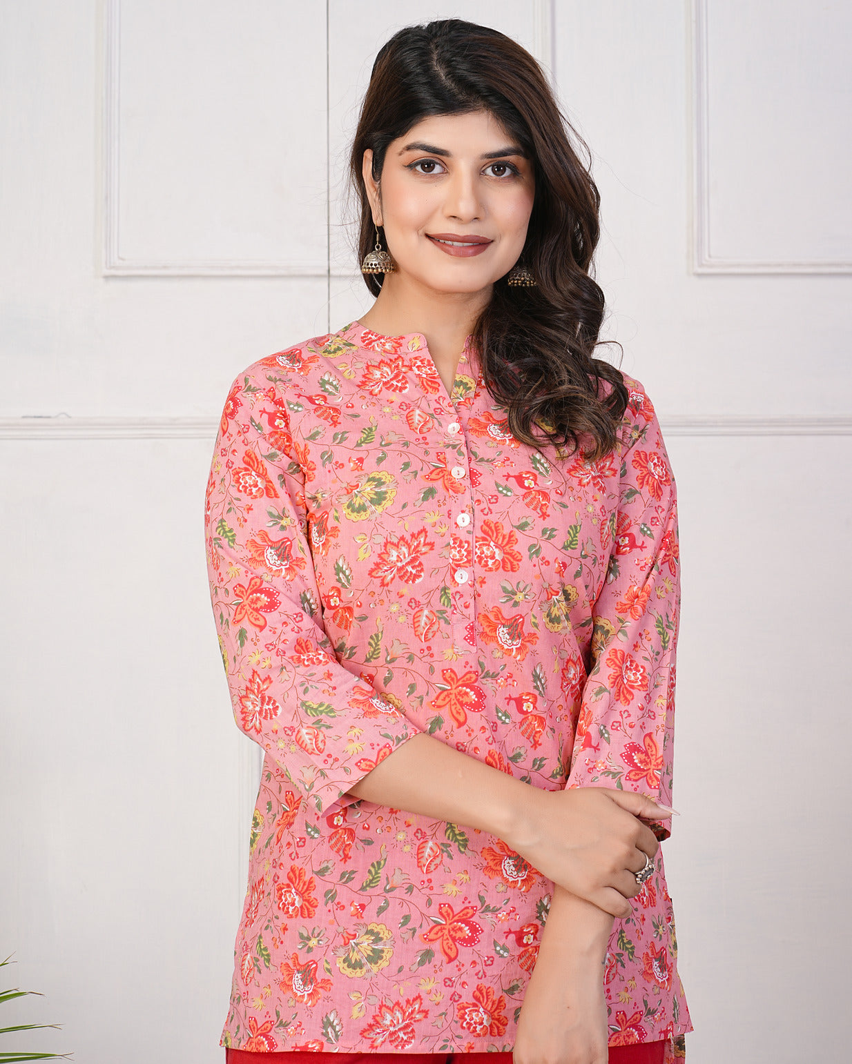 Peach With Red Floral Short Cotton Kurti