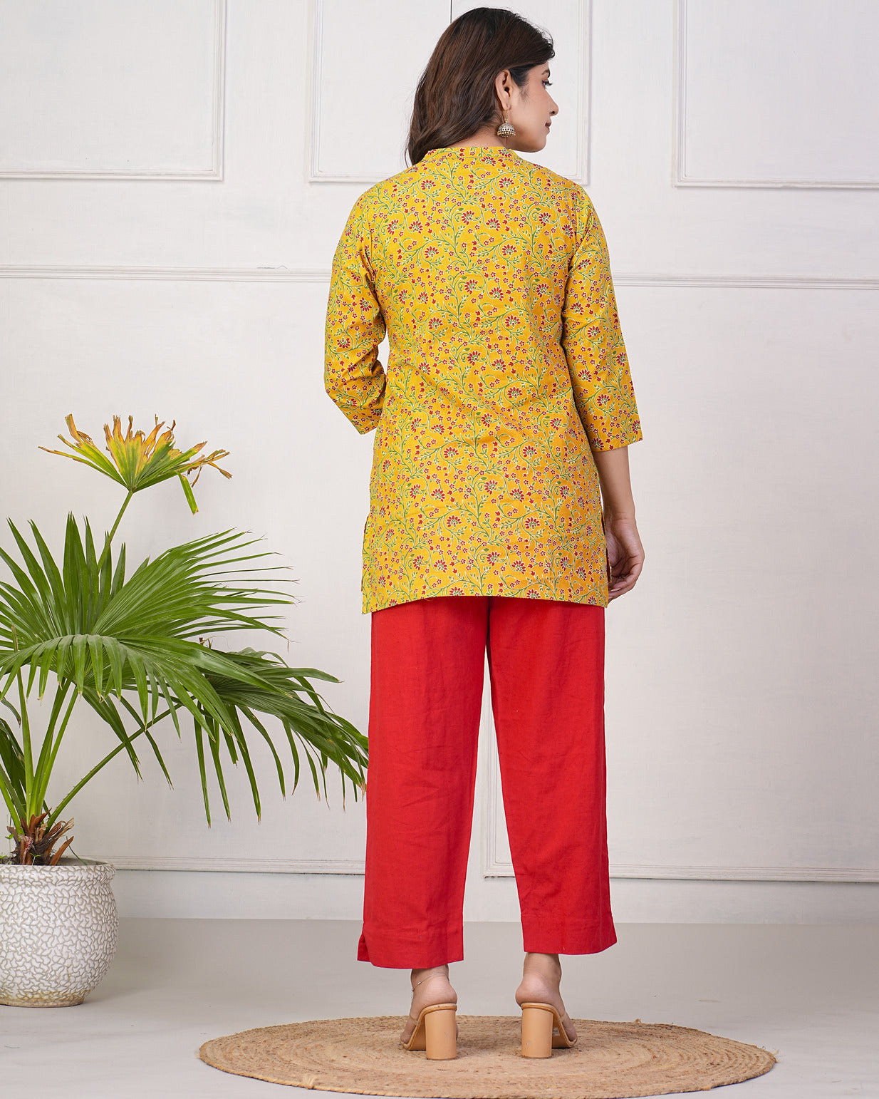 Turmeric With Maroon Floral Short Cotton Kurti