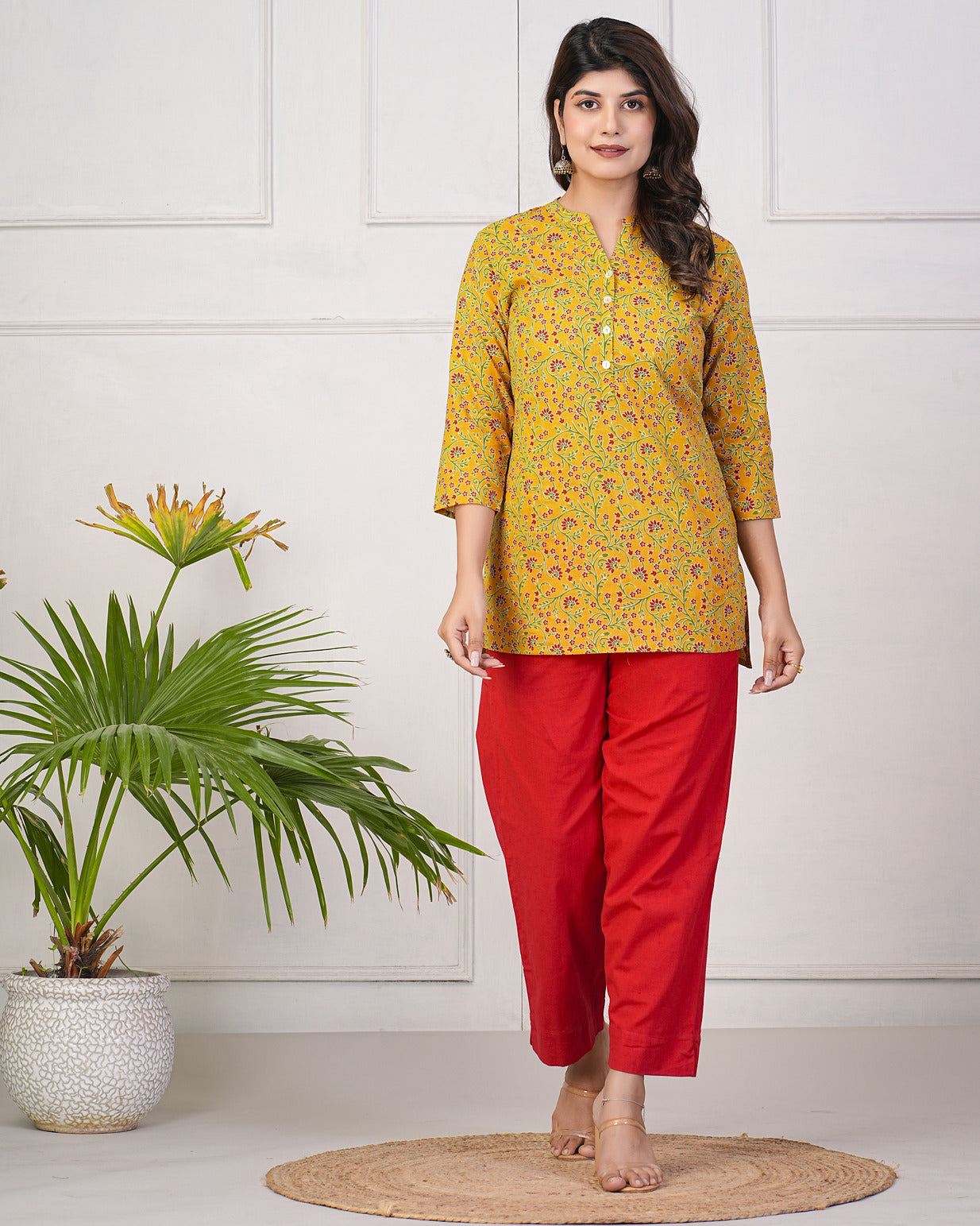 Turmeric With Maroon Floral Short Cotton Kurti
