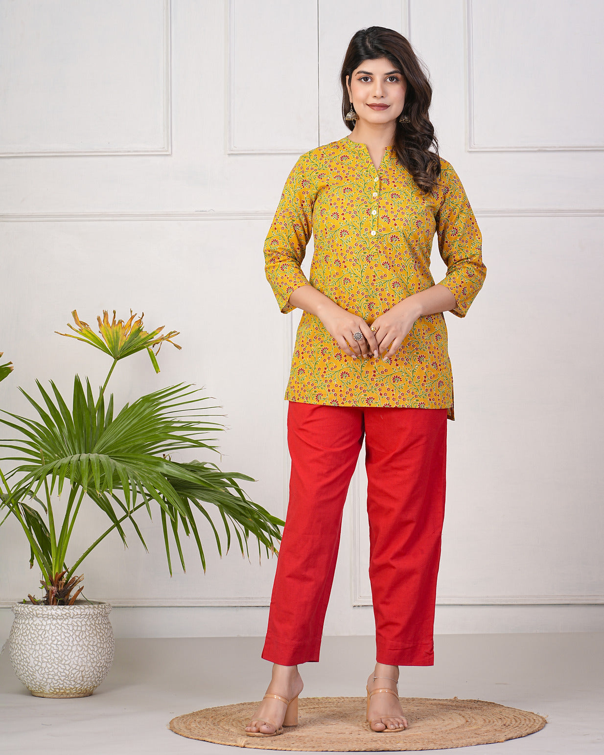 Turmeric With Maroon Floral Short Cotton Kurti
