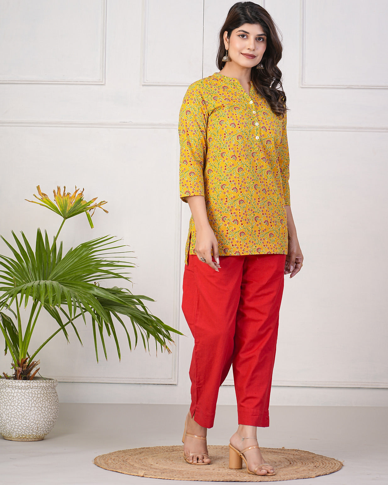 Turmeric With Maroon Floral Short Cotton Kurti