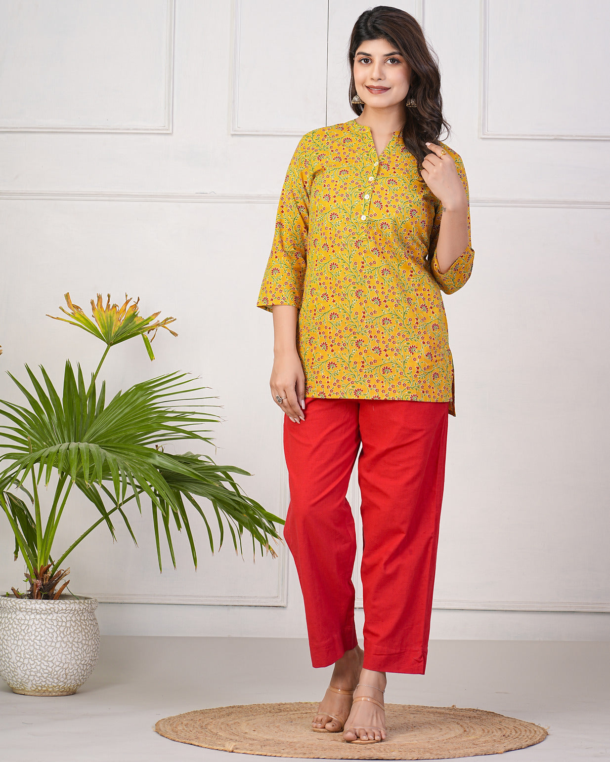 Turmeric With Maroon Floral Short Cotton Kurti