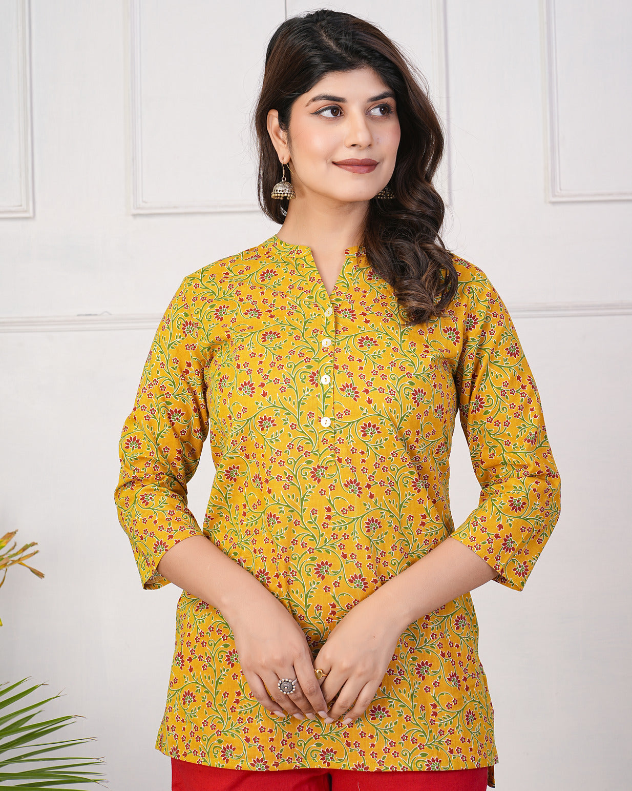 Turmeric With Maroon Floral Short Cotton Kurti
