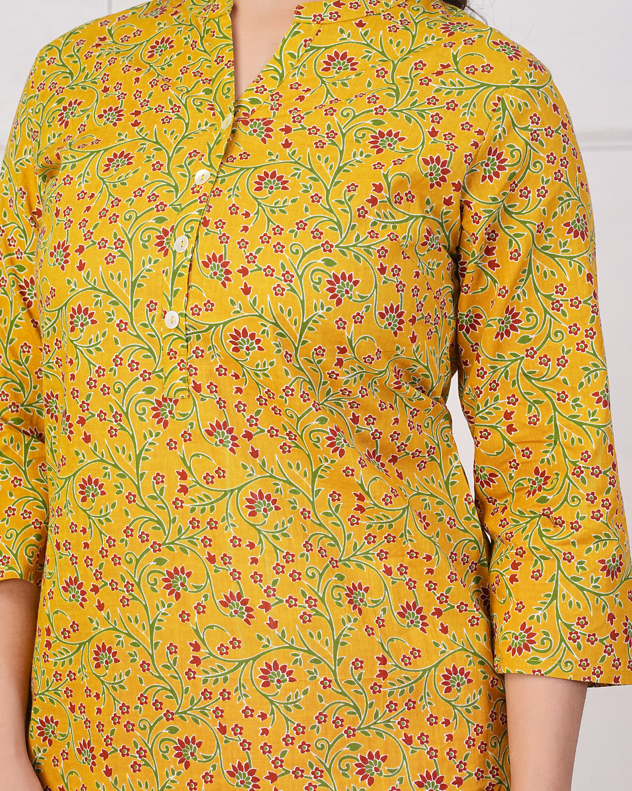 Turmeric With Maroon Floral Short Cotton Kurti
