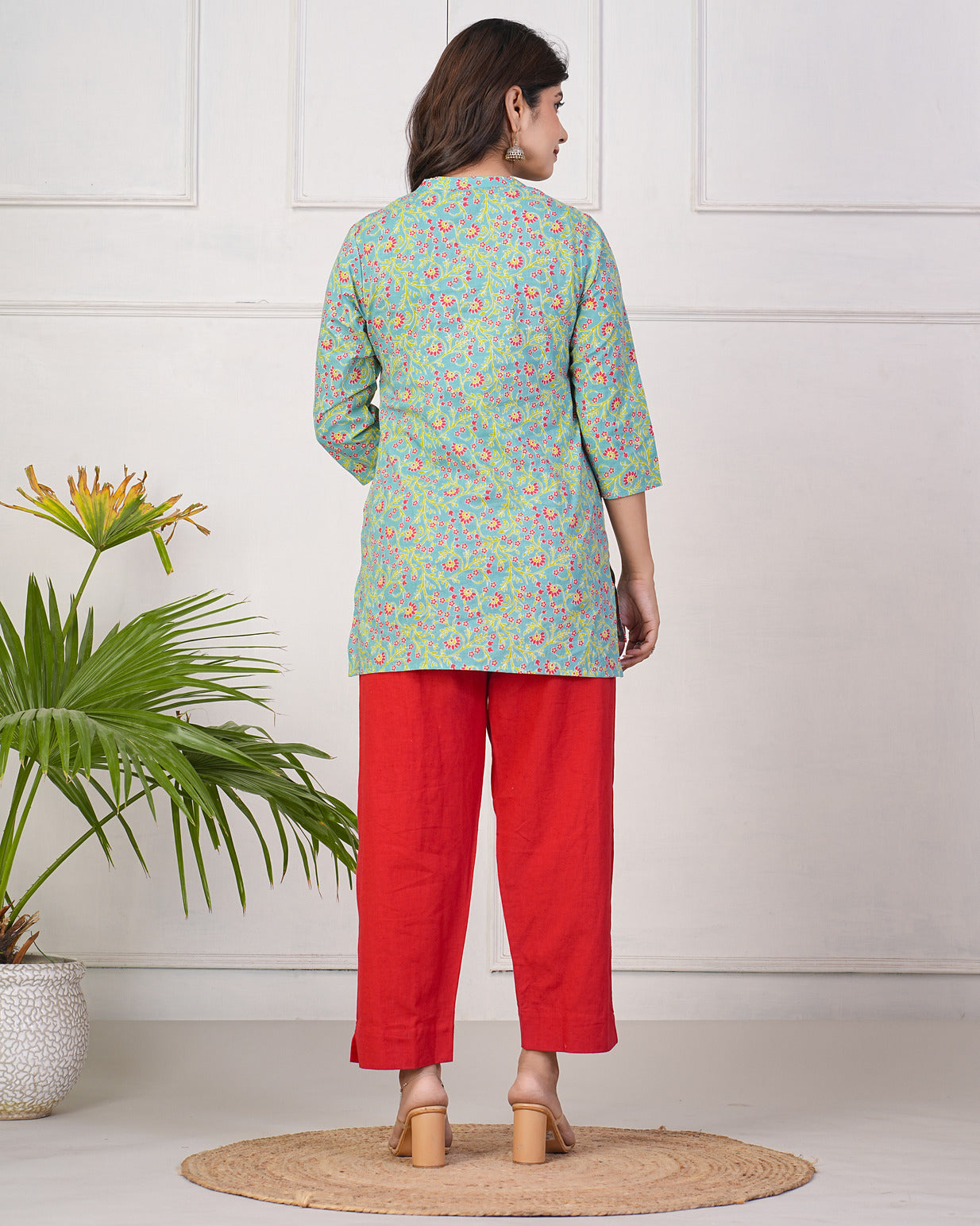 Green With Dark Pink Floral Short Cotton Kurti