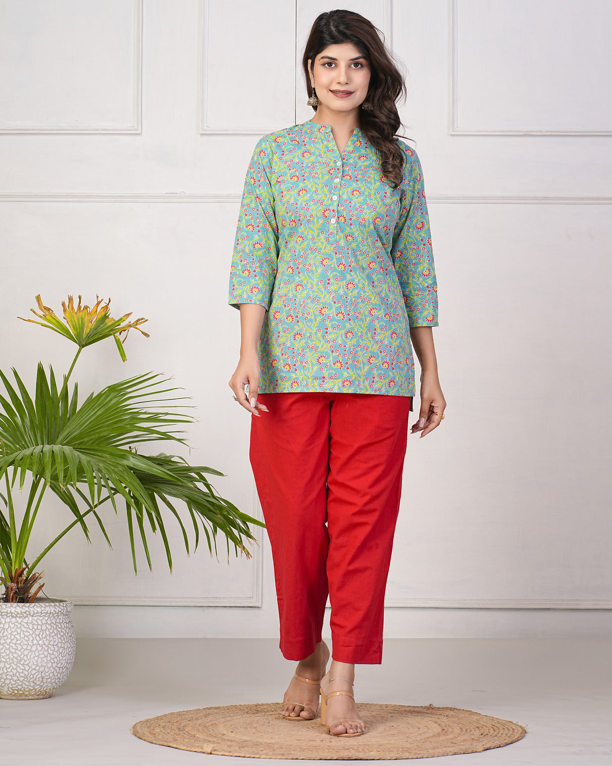 Green With Dark Pink Floral Short Cotton Kurti