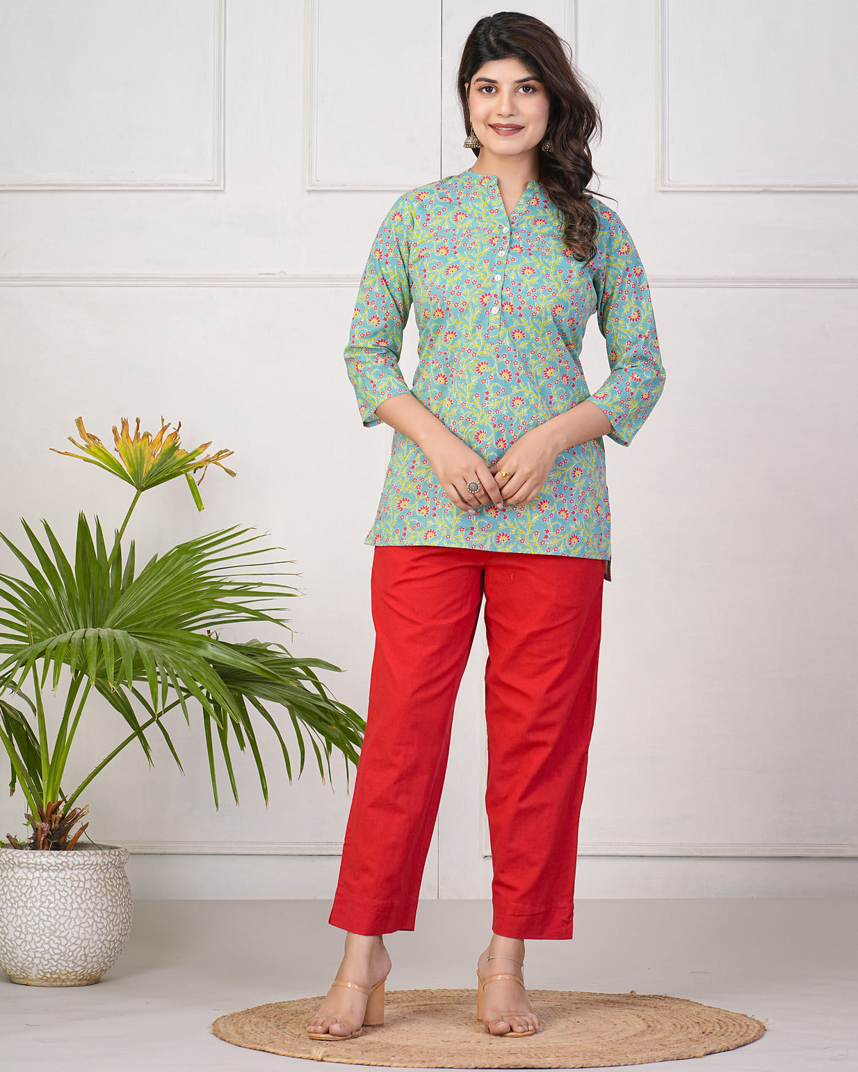 Green With Dark Pink Floral Short Cotton Kurti