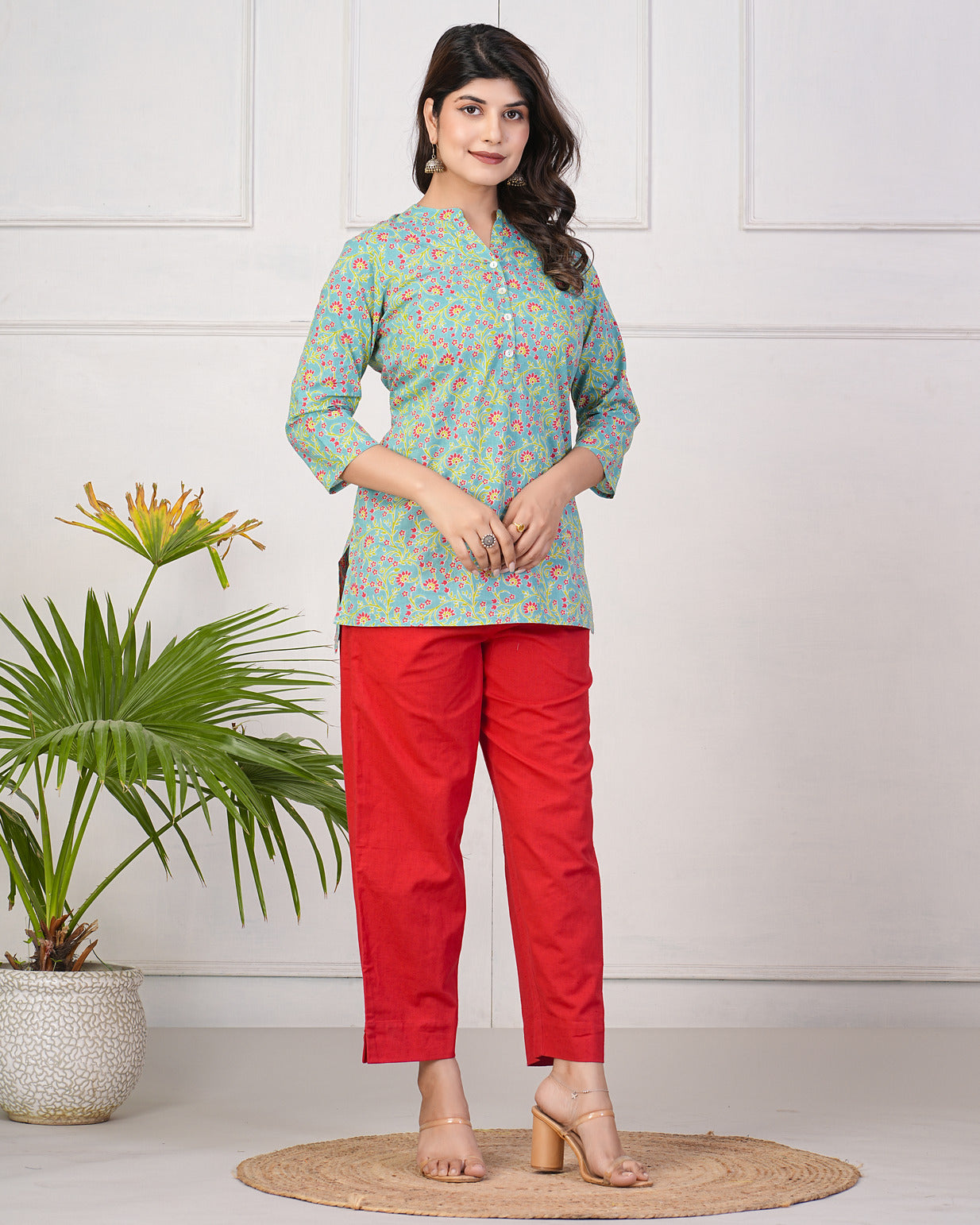 Green With Dark Pink Floral Short Cotton Kurti