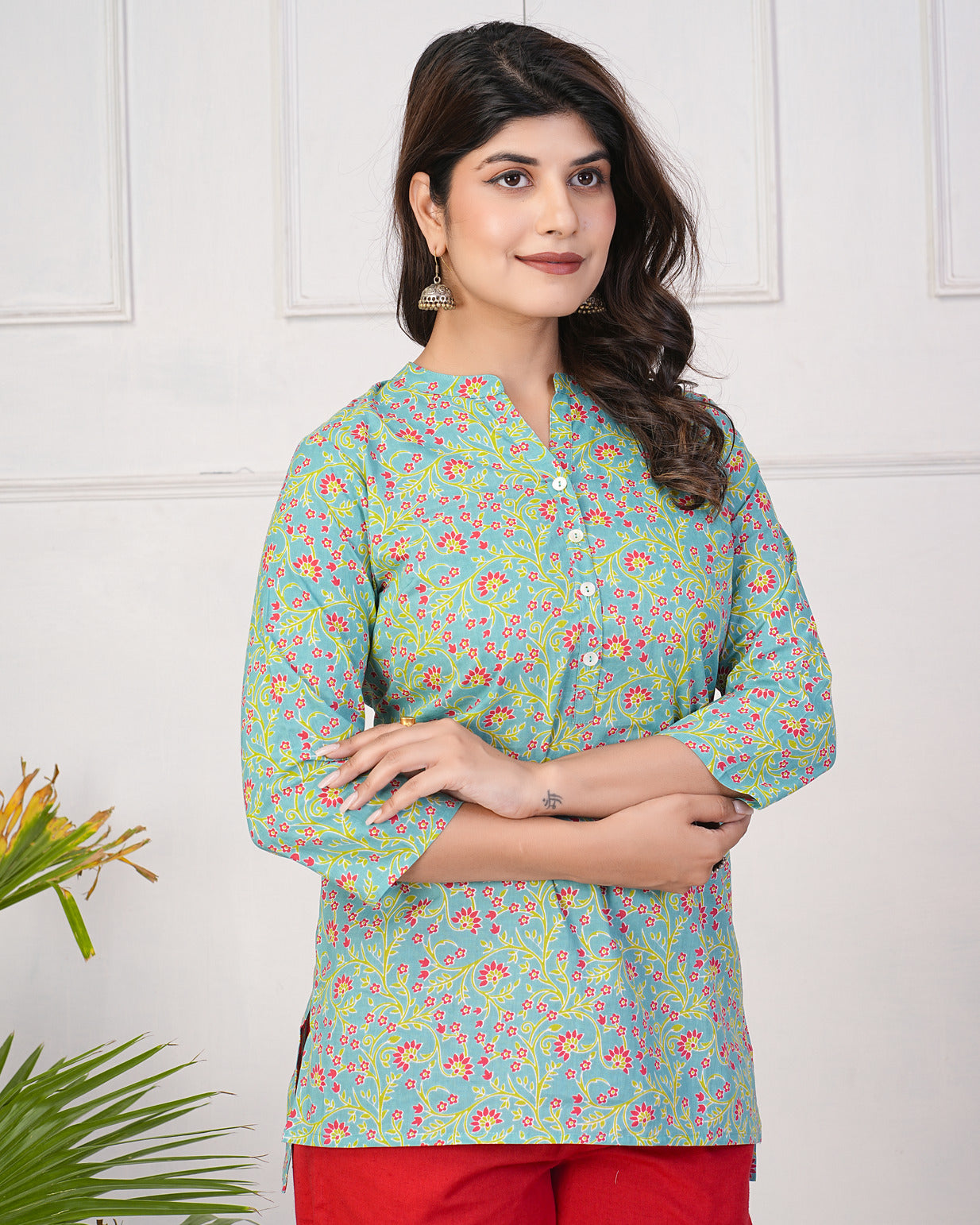 Green With Dark Pink Floral Short Cotton Kurti