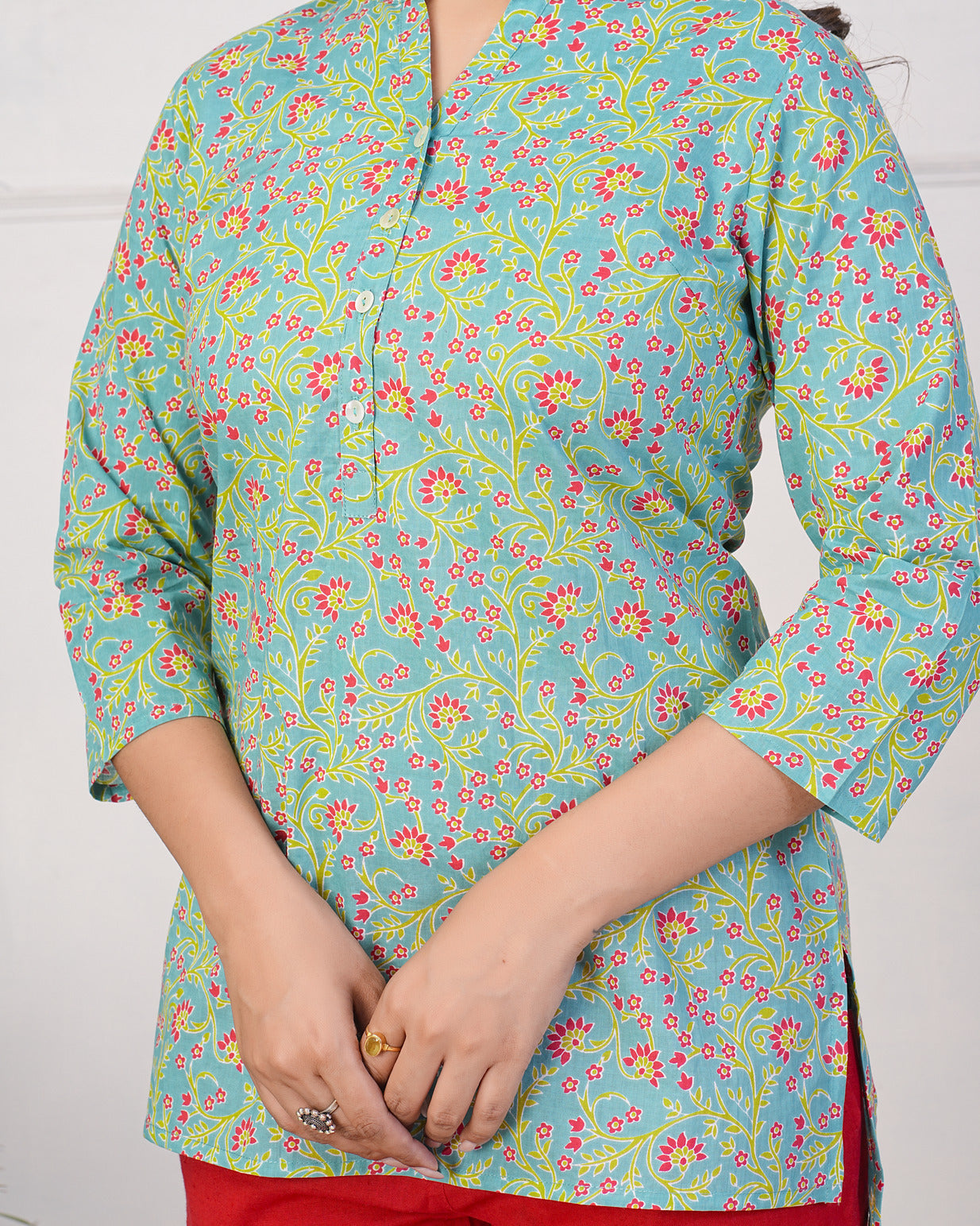 Green With Dark Pink Floral Short Cotton Kurti