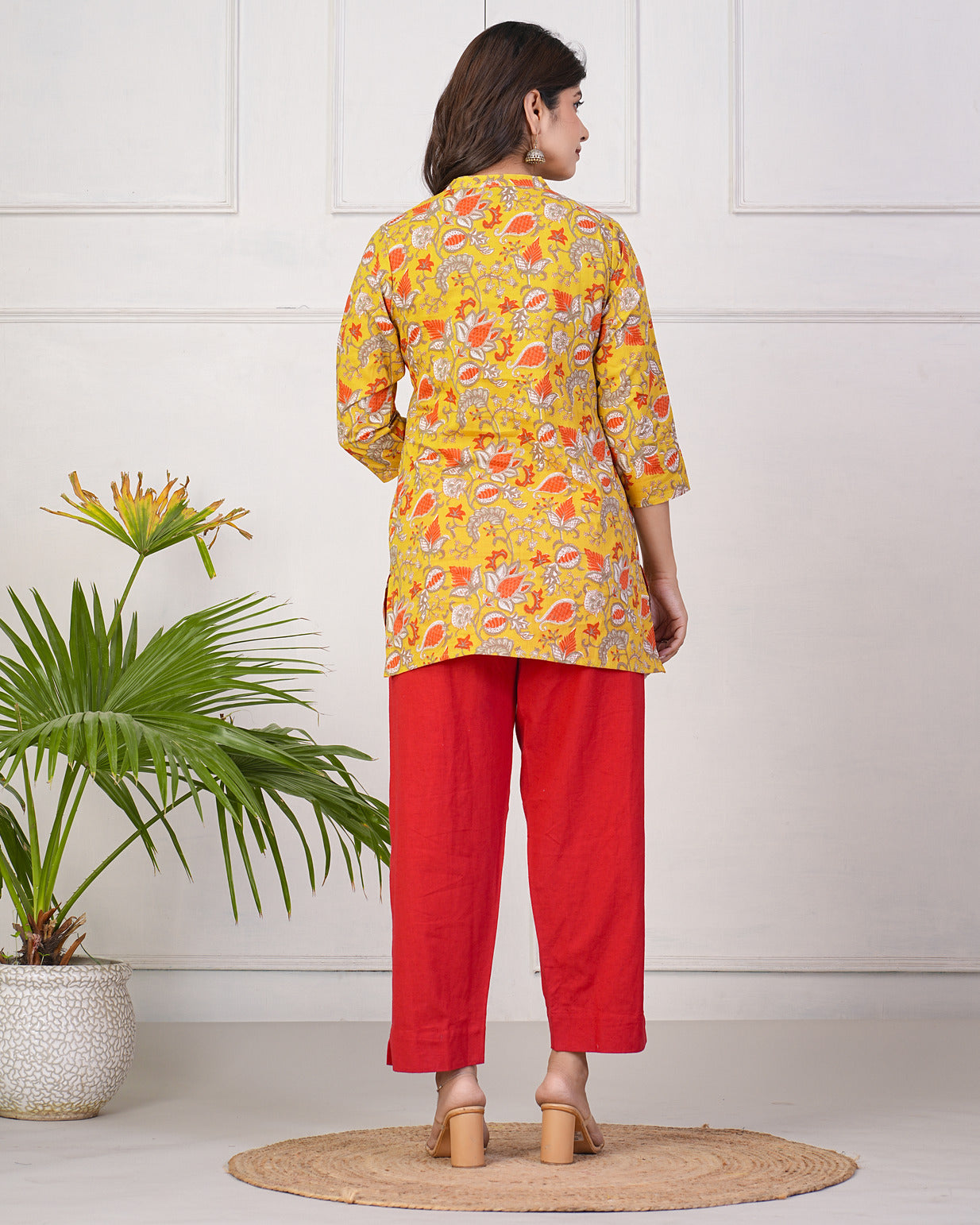 Yellow With Orange Floral Short Cotton Kurti