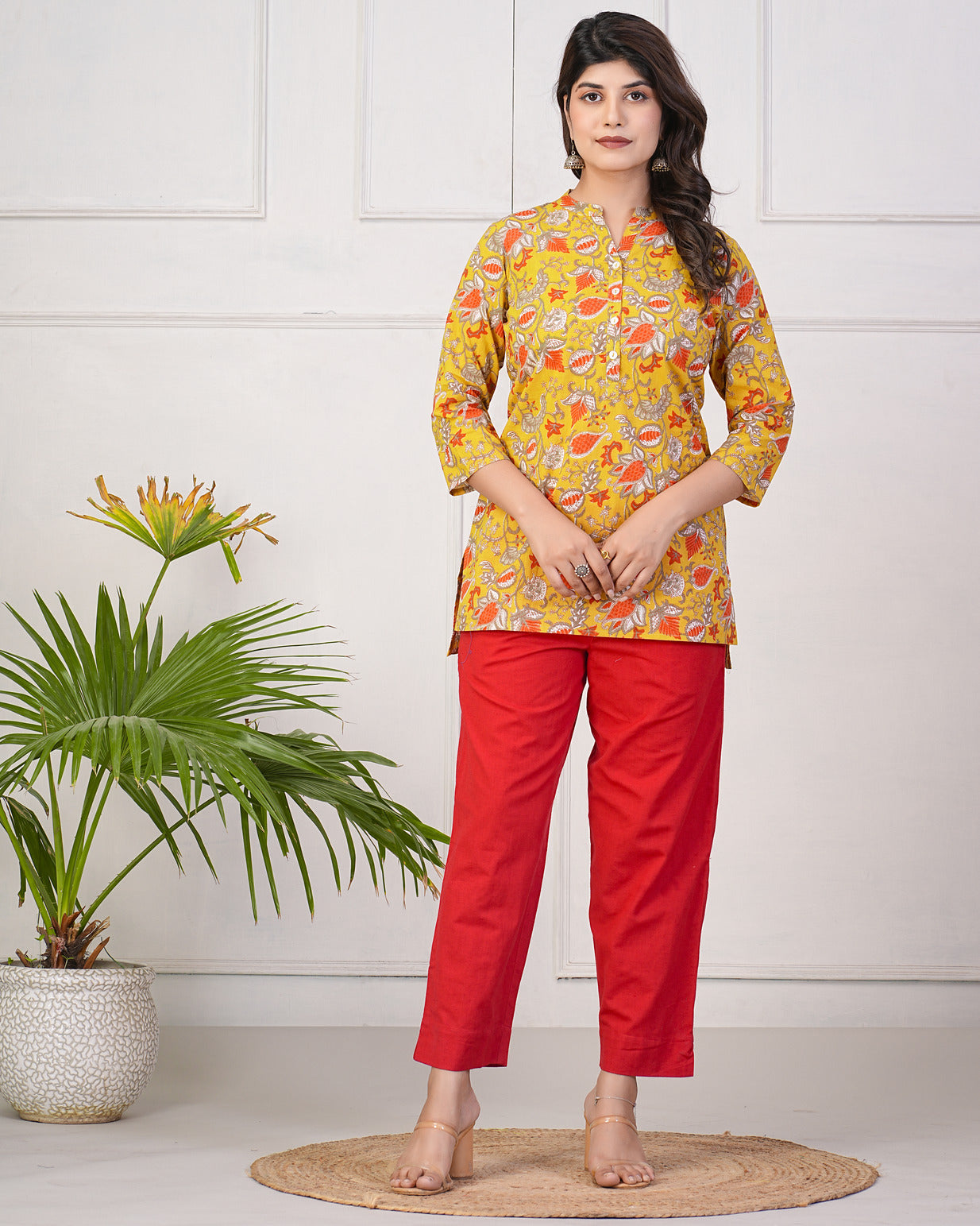 Yellow With Orange Floral Short Cotton Kurti