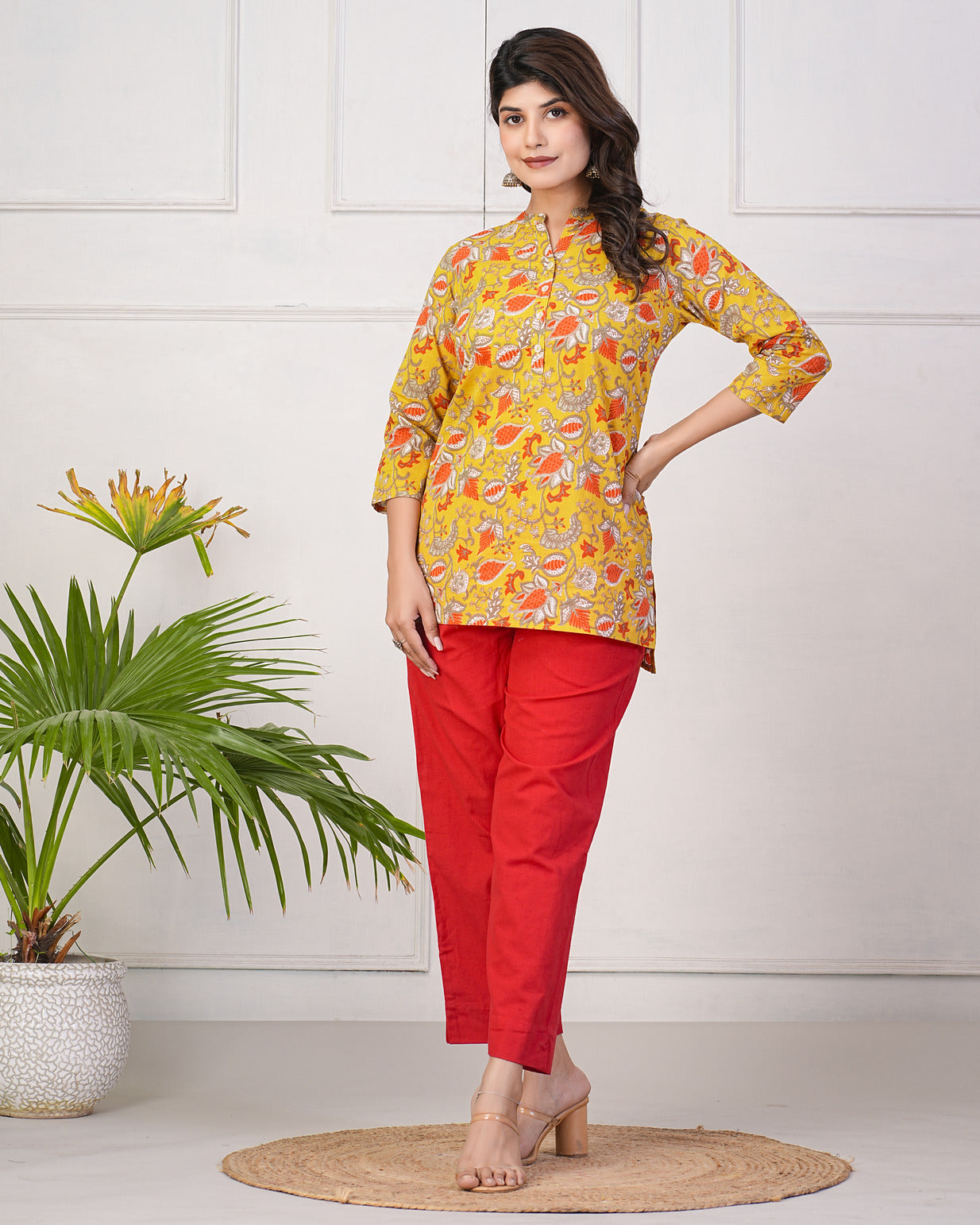 Yellow With Orange Floral Short Cotton Kurti