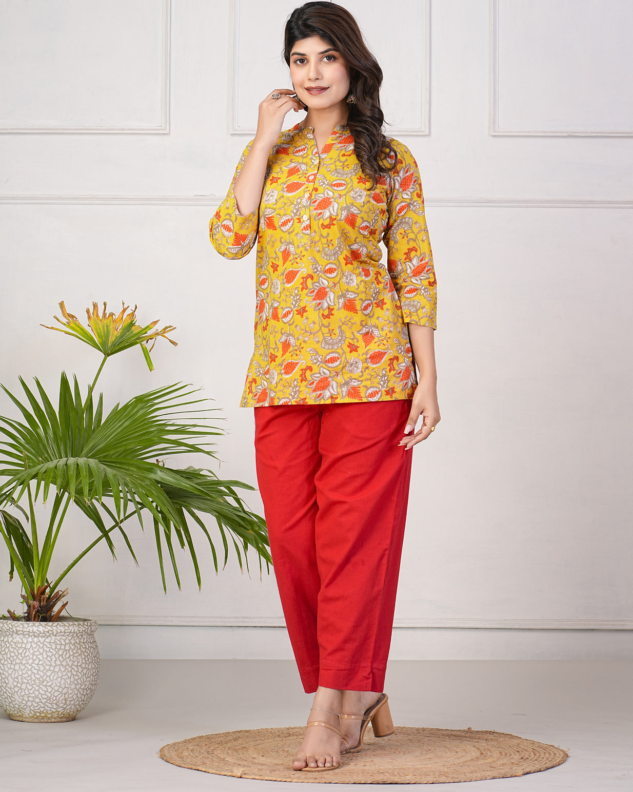 Yellow With Orange Floral Short Cotton Kurti