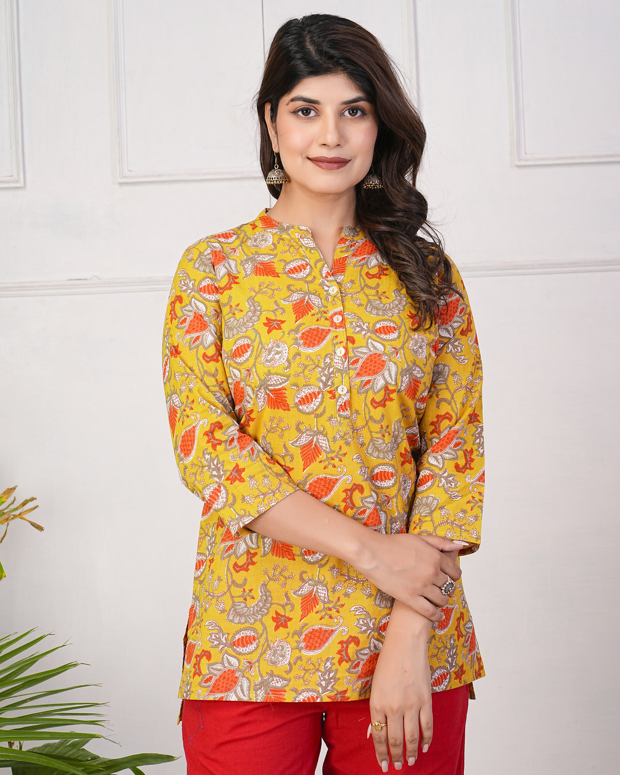 Yellow With Orange Floral Short Cotton Kurti