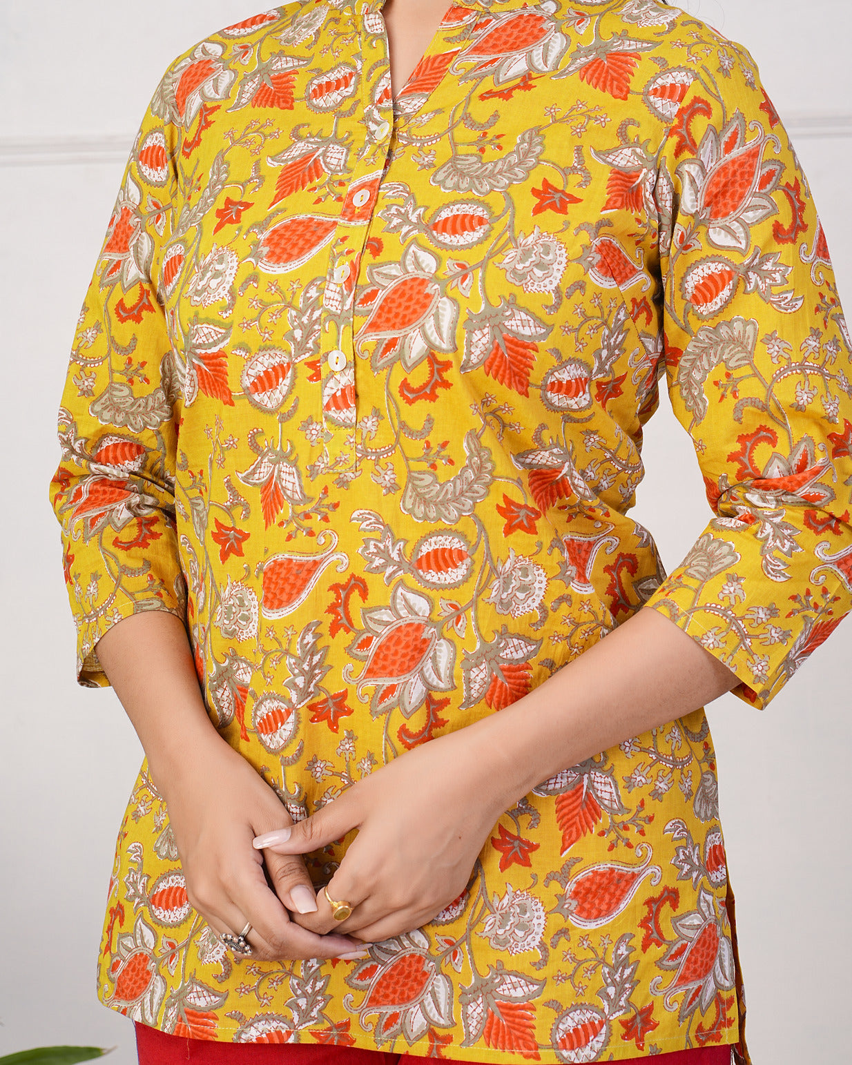 Yellow With Orange Floral Short Cotton Kurti