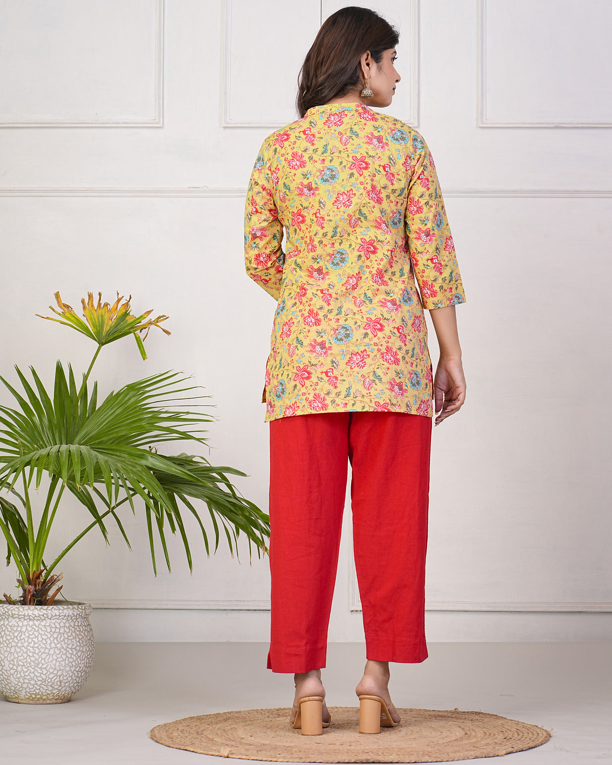Mustard With Multicolor Floral Short Cotton Kurti