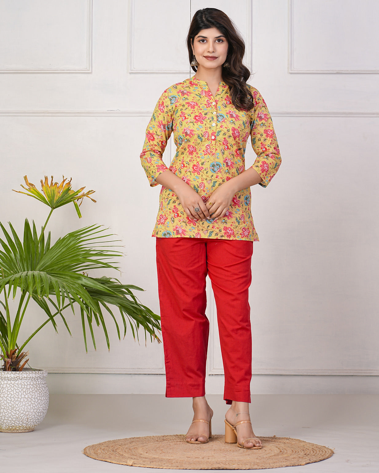 Mustard With Multicolor Floral Short Cotton Kurti