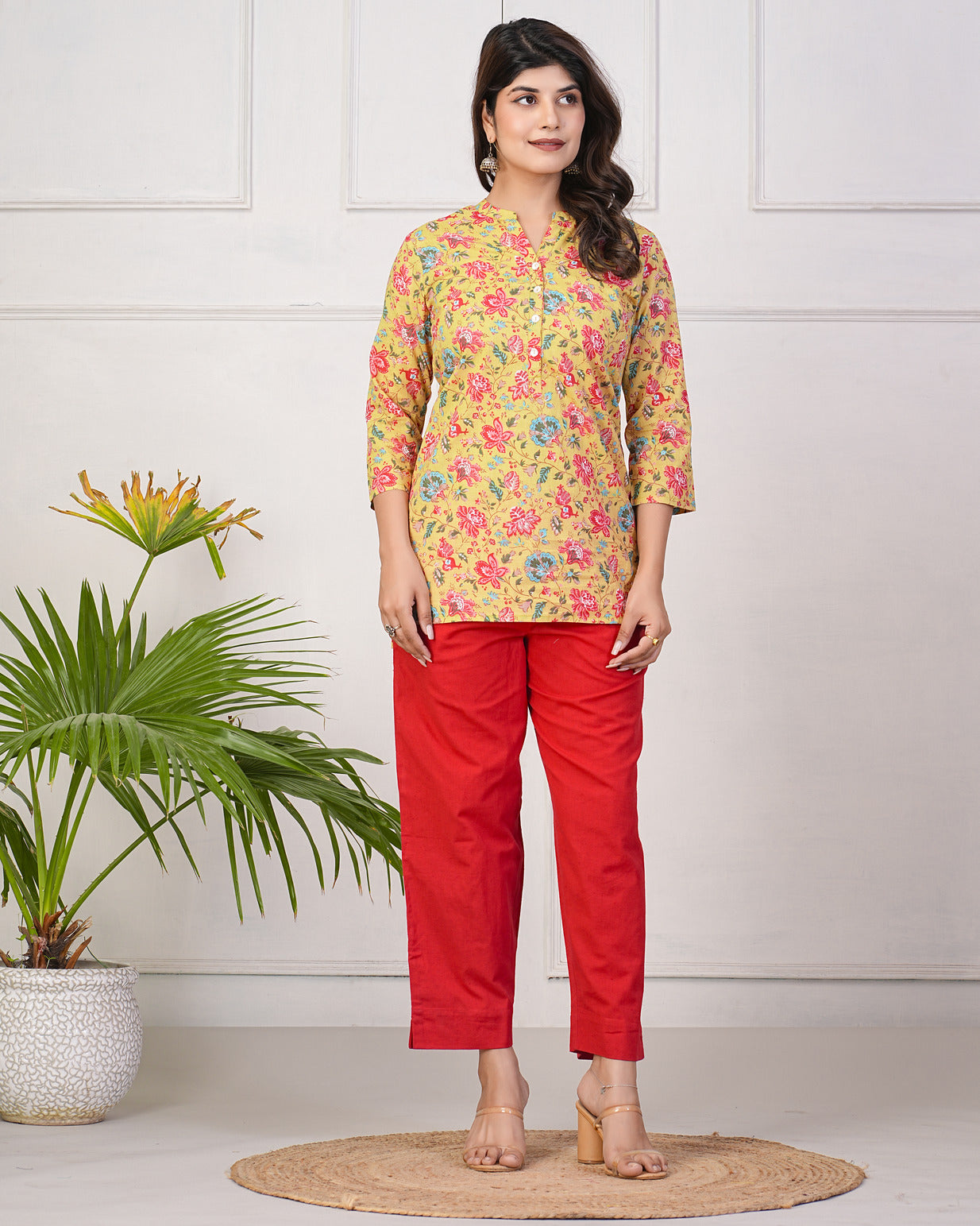 Mustard With Multicolor Floral Short Cotton Kurti