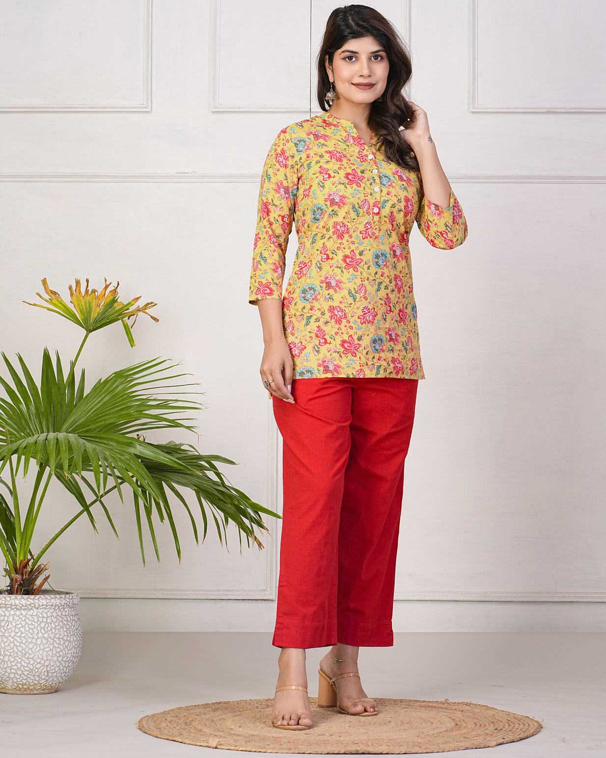 Mustard With Multicolor Floral Short Cotton Kurti