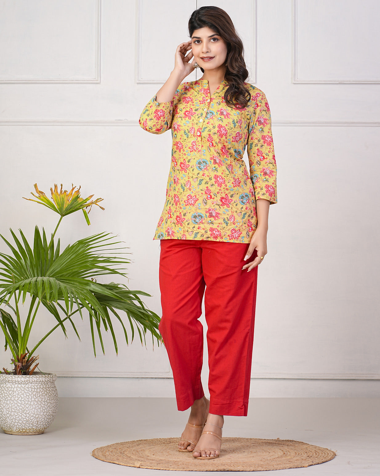 Mustard With Multicolor Floral Short Cotton Kurti