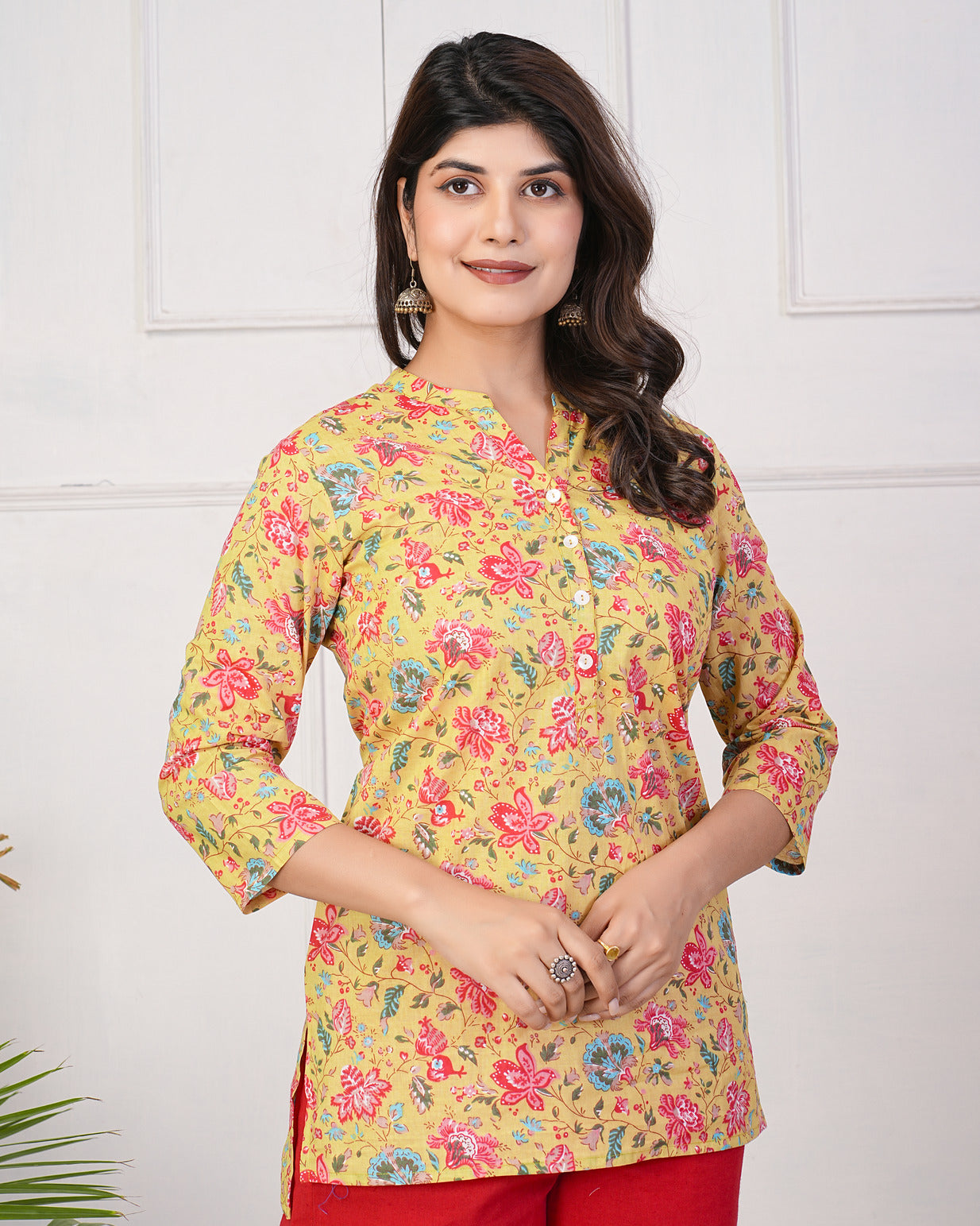 Mustard With Multicolor Floral Short Cotton Kurti